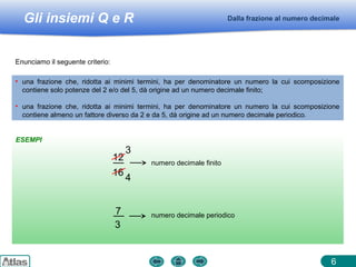 Gli insiemi Q e R
ESEMPI
Dalla frazione al numero decimale
6
Enunciamo il seguente criterio:
• una frazione che, ridotta ai minimi termini, ha per denominatore un numero la cui scomposizione
contiene solo potenze del 2 e/o del 5, dà origine ad un numero decimale finito;
• una frazione che, ridotta ai minimi termini, ha per denominatore un numero la cui scomposizione
contiene almeno un fattore diverso da 2 e da 5, dà origine ad un numero decimale periodico.
12
16
numero decimale finito
3
4
7
3
numero decimale periodico
 