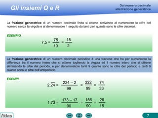 Gli insiemi Q e R
ESEMPIO
ESEMPI
Dal numero decimale
alla frazione generatrice
7
La frazione generatrice di un numero decimale finito si ottiene scrivendo al numeratore le cifre del
numero senza la virgola e al denominatore 1 seguito da tanti zeri quante sono le cifre decimali.
7,5 = =
75
10
15
2
La frazione generatrice di un numero decimale periodico è una frazione che ha per numeratore la
differenza tra il numero intero che si ottiene togliendo la virgola ed il numero intero che si ottiene
eliminando le cifre del periodo, e per denominatore tanti 9 quante sono le cifre del periodo e tanti 0
quante sono le cifre dell’antiperiodo.
2,24 = = =
224 – 2
99
222
99
74
33
1,73 = = =
173 – 17
90
156
90
26
15
 