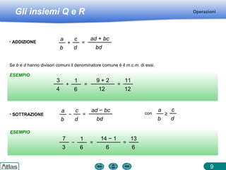 Gli insiemi Q e R
ESEMPIO
ESEMPIO
9
Se b e d hanno divisori comuni il denominatore comune è il m.c.m. di essi.
Operazioni
• ADDIZIONE
a
b
+
c
d
=
ad + bc
bd
3
4
+
1
6
=
11
12
9 + 2
12
=
• SOTTRAZIONE
a
b
−
c
d
=
ad − bc
bd
con
a
b
≥
c
d
7
3
−
1
6
=
13
6
14 − 1
6
=
 