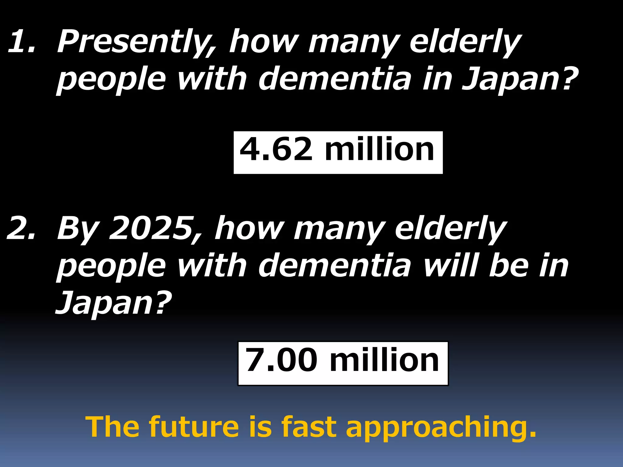 1. Presently, how many elderly
people with dementia in Japan?
2. By 2025, how many elderly
people with dementia will be in
Japan?
4.62 million
7.00 million
The future is fast approaching.
 