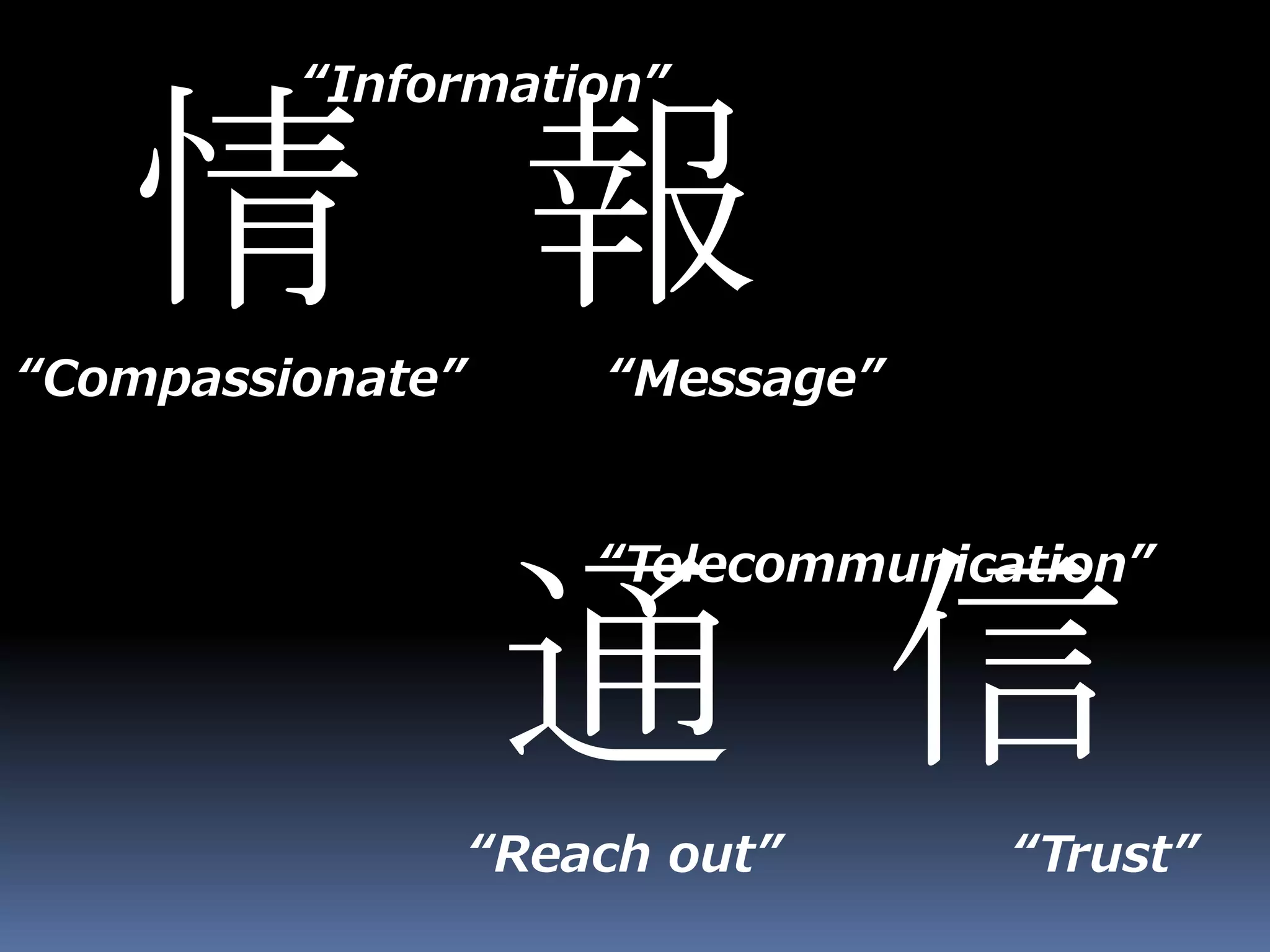 通 信
“Reach out” “Trust”
情 報“Compassionate”
“Information”
“Telecommunication”
“Message”
 