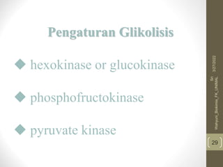 29
Pengaturan Glikolisis
 hexokinase or glucokinase
 phosphofructokinase
 pyruvate kinase
3/27/2022
Sri
Wahyuni_Biokimia_FK_UNIMAL
 