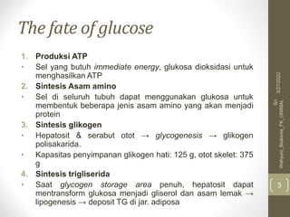 The fate of glucose
1. Produksi ATP
• Sel yang butuh immediate energy, glukosa dioksidasi untuk
menghasilkan ATP
2. Sintesis Asam amino
• Sel di seluruh tubuh dapat menggunakan glukosa untuk
membentuk beberapa jenis asam amino yang akan menjadi
protein
3. Sintesis glikogen
• Hepatosit & serabut otot → glycogenesis → glikogen
polisakarida.
• Kapasitas penyimpanan glikogen hati: 125 g, otot skelet: 375
g
4. Sintesis trigliserida
• Saat glycogen storage area penuh, hepatosit dapat
mentransform glukosa menjadi gliserol dan asam lemak →
lipogenesis → deposit TG di jar. adiposa
3
3/27/2022
Sri
Wahyuni_Biokimia_FK_UNIMAL
 