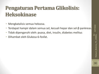 Pengaturan Pertama Glikolisis:
Heksokinase
• Mengkatalisis semua heksosa.
• Terdapat hampir dalam semua sel, kecuali hepar dan sel-β pankreas.
• Tidak dipengaruhi oleh: puasa, diet, insulin, diabetes melitus
• Dihambat oleh Glukosa-6-fosfat.
30
3/27/2022
Sri
Wahyuni_Biokimia_FK_UNIMAL
 