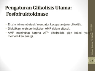 Pengaturan Glikolisis Utama:
Fosfofruktokinase
• Enzim ini membatasi / mengatur kecepatan jalur glikolitik.
• Diaktifkan oleh peningkatan AMP dalam sitosol.
• AMP meningkat karena ATP dihidrolisis oleh reaksi yang
memerlukan energi.
33
3/27/2022
Sri
Wahyuni_Biokimia_FK_UNIMAL
 