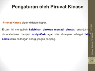 Piruvat Kinase diatur didalam hepar.
Enzim ini mengubah kelebihan glukosa menjadi piruvat, selanjutnya
dimetabolisme menjadi acetyl-CoA agar bisa disimpan sebagai fatty
acids untuk cadangan energi jangka panjang.
34
Pengaturan oleh Piruvat Kinase
3/27/2022
Sri
Wahyuni_Biokimia_FK_UNIMAL
 