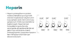 • Heparin proteoglikanınınprotein
molekulu bənzərsiz quruluşa malik
olub bol miqdarda seri və glisin amin
turşu qalıqları vardır.Serin amin turşu
qalıqlarına 5-15 kD civarında GAG-lar
bağlanmaqdır.Heparinə mast
hüceyrələriningranullarında,
qaraciyərdə,ağciyərdə və dəridə rast
gəlinir.Eyni zamanda bu önəmli
antikoagulyantdır.Lipoprotein lipazanın
təsiri ilə kapilyar divarından qan
dövranına buraxılır.
 