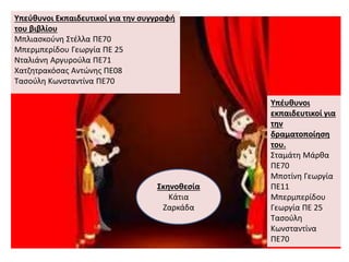 Υπεύθυνοι Εκπαιδευτικοί για την συγγραφή
του βιβλίου
Μπλιασκούνη Στέλλα ΠΕ70
Μπερμπερίδου Γεωργία ΠΕ 25
Νταλιάνη Αργυρούλα ΠΕ71
Χατζητρακόσας Αντώνης ΠΕ08
Τασούλη Κωνσταντίνα ΠΕ70
Υπέυθυνοι
εκπαιδευτικοί για
την
δραματοποίηση
του.
Σταμάτη Μάρθα
ΠΕ70
Μποτίνη Γεωργία
ΠΕ11
Μπερμπερίδου
Γεωργία ΠΕ 25
Τασούλη
Κωνσταντίνα
ΠΕ70
Σκηνοθεσία
Κάτια
Ζαρκάδα
 