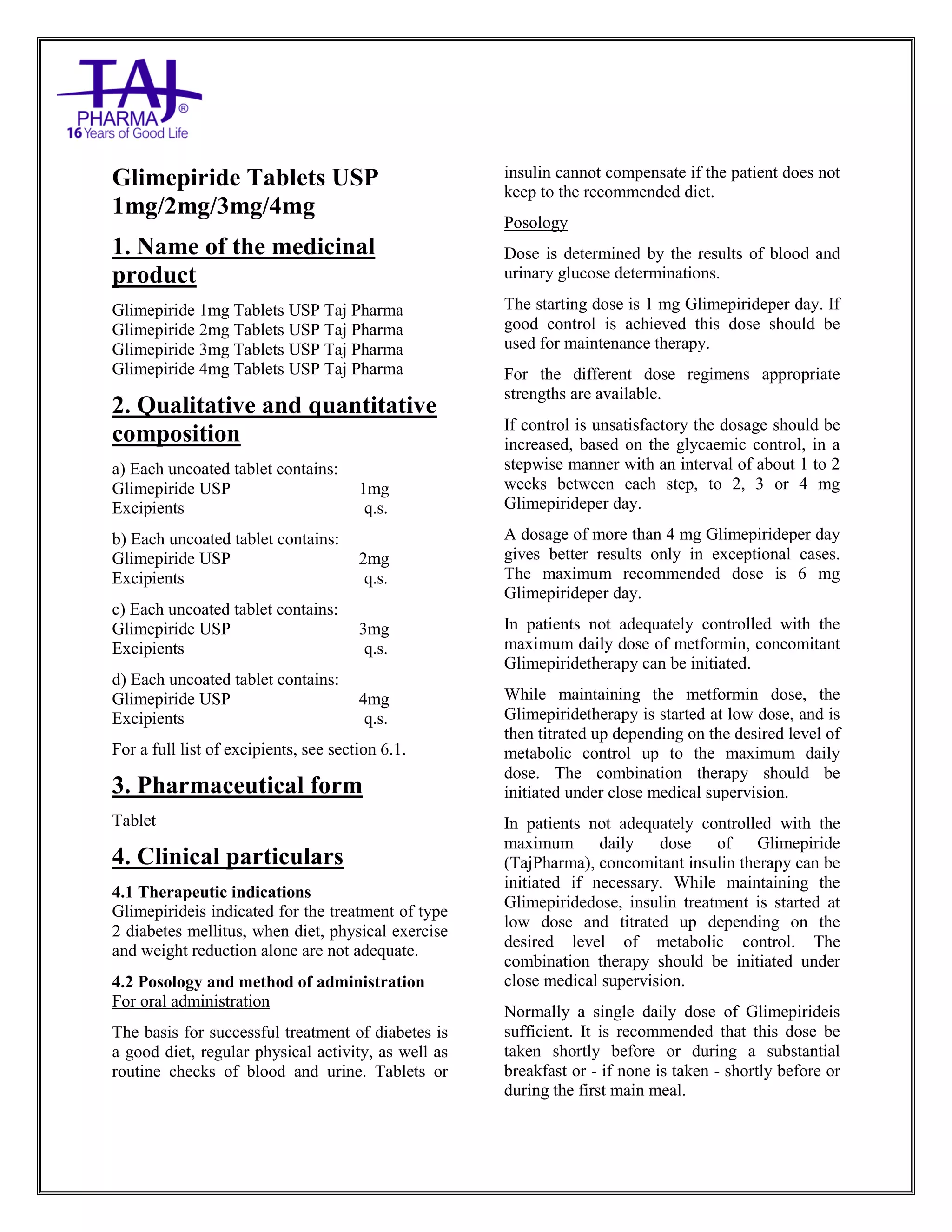 Glimepiride Tablets USP Taj Pharma SmPC | PDF