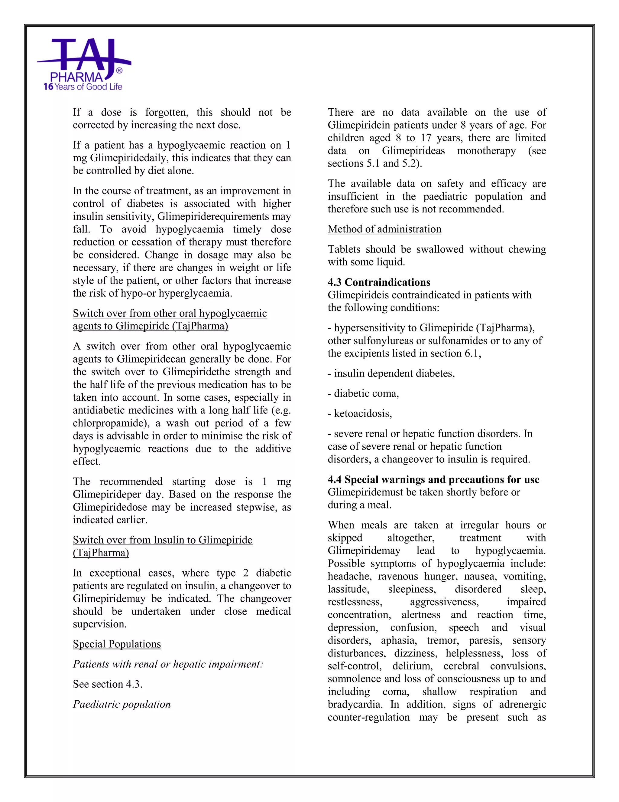 Glimepiride Tablets USP Taj Pharma SmPC | PDF
