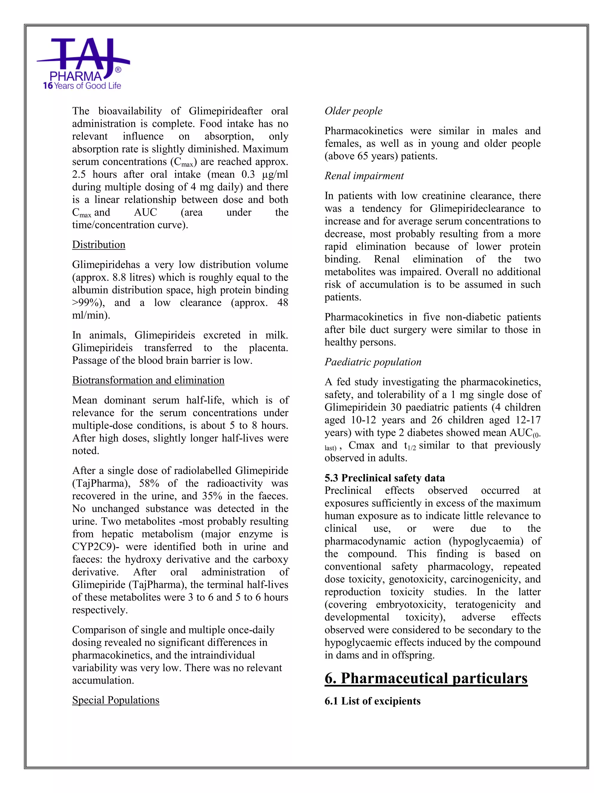 Glimepiride Tablets USP Taj Pharma SmPC | PDF