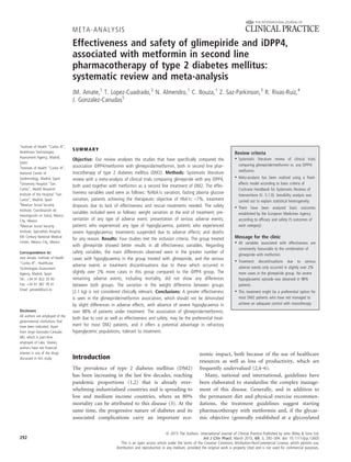 META-ANALYSIS
Effectiveness and safety of glimepiride and iDPP4,
associated with metformin in second line
pharmacotherapy of type 2 diabetes mellitus:
systematic review and meta-analysis
JM. Amate,1
T. Lopez-Cuadrado,2
N. Almendro,1
C. Bouza,1
Z. Saz-Parkinson,3
R. Rivas-Ruiz,4
J. Gonzalez-Canudas5
SUMMARY
Objective: Our review analyses the studies that have speciﬁcally compared the
association iDPP4/metformin with glimepiride/metformin, both in second line phar-
macotherapy of type 2 diabetes mellitus (DM2). Methods: Systematic literature
review with a meta-analysis of clinical trials comparing glimepiride with any iDPP4,
both used together with metformin as a second line treatment of DM2. The effec-
tiveness variables used were as follows: %HbA1c variation, fasting plasma glucose
variation, patients achieving the therapeutic objective of HbA1c <7%, treatment
dropouts due to lack of effectiveness and rescue treatments needed. The safety
variables included were as follows: weight variation at the end of treatment; pre-
sentation of any type of adverse event; presentation of serious adverse events;
patients who experienced any type of hypoglycaemia; patients who experienced
severe hypoglycaemia; treatments suspended due to adverse effects; and deaths
for any reason. Results: Four studies met the inclusion criteria. The group treated
with glimepiride showed better results in all effectiveness variables. Regarding
safety variables, the main differences observed were in the greater number of
cases with hypoglycaemia in the group treated with glimepiride, and the serious
adverse events or treatment discontinuations due to these which occurred in
slightly over 2% more cases in this group compared to the iDPP4 group. The
remaining adverse events, including mortality, did not show any differences
between both groups. The variation in the weight difference between groups
(2.1 kg) is not considered clinically relevant. Conclusions: A greater effectiveness
is seen in the glimepiride/metformin association, which should not be diminished
by slight differences in adverse effects, with absence of severe hypoglycaemia in
over 98% of patients under treatment. The association of glimepiride/metformin,
both due to cost as well as effectiveness and safety, may be the preferential treat-
ment for most DM2 patients, and it offers a potential advantage in refractory
hyperglycemic populations, tolerant to treatment.
Review criteria
• Systematic literature review of clinical trials
comparing glimepiride/metformin vs. any iDPP4/
metformin.
• Meta-analysis has been realized using a ﬁxed-
effects model according to basic criteria of
Cochrane Handbook for Systematic Reviews of
Interventions (V. 5.1.0). Sensibility analysis was
carried out to explain statistical heterogeneity.
• There have been analyzed basic outcomes
established by the European Medicines Agency
according to efﬁcacy and safety (5 outcomes of
each category).
Message for the clinic
• All variables associated with effectiveness are
consistently favourable to the combination of
glimepiride with metformin.
• Treatment discontinuations due to serious
adverse events only occurred in slightly over 2%
more cases in the glimepiride group. No severe
hypoglycaemic episode was observed in 98%
patients.
• This treatment might be a preferential option for
most DM2 patients who have not managed to
achieve an adequate control with monotherapy
Introduction
The prevalence of type 2 diabetes mellitus (DM2)
has been increasing in the last few decades, reaching
pandemic proportions (1,2) that is already over-
whelming industrialised countries and is spreading to
low and medium income countries, where an 80%
mortality can be attributed to this disease (3). At the
same time, the progressive nature of diabetes and its
associated complications carry an important eco-
nomic impact, both because of the use of healthcare
resources as well as loss of productivity, which are
frequently undervalued (2,4–6).
Many, national and international, guidelines have
been elaborated to standardise the complex manage-
ment of this disease. Generally, and in addition to
the permanent diet and physical exercise recommen-
dations, the treatment guidelines suggest starting
pharmacotherapy with metformin and, if the glycae-
mic objective (generally established at a glycosylated
292
ª 2015 The Authors. International Journal of Clinical Practice Published by John Wiley & Sons Ltd.
Int J Clin Pract, March 2015, 69, 3, 292–304. doi: 10.1111/ijcp.12605
This is an open access article under the terms of the Creative Commons Attribution-NonCommercial License, which permits use,
distribution and reproduction in any medium, provided the original work is properly cited and is not used for commercial purposes.
1
Institute of Health “Carlos III”,
Healthcare Technologies
Assessment Agency, Madrid,
Spain
2
Institute of Health “Carlos III”,
National Center of
Epidemiology, Madrid, Spain
3
University Hospital “San
Carlos”, Health Research
Institute of the Hospital “San
Carlos”, Madrid, Spain
4
Mexican Social Security
Institute, Coordinacion de
Investigacion en Salud, Mexico
City, Mexico
5
Mexican Social Security
Institute, Specialties Hospital,
XXI Century National Medical
Center, Mexico City, Mexico
Correspondence to:
Jose Amate, Institute of Health
“Carlos III”, Healthcare
Technologies Assessment
Agency, Madrid, Spain
Tel.: +34 91 822 20 95
Fax: +34 91 387 78 41
Email: jamate@isciii.es
Disclosure
All authors are employed of the
governmental institutions that
have been indicated. Apart
from Jorge Gonzalez-Canudas
MD, which is part-time
employed of Labs. Silanes,
authors have not ﬁnancial
interest in any of the drugs
discussed in this study.
 