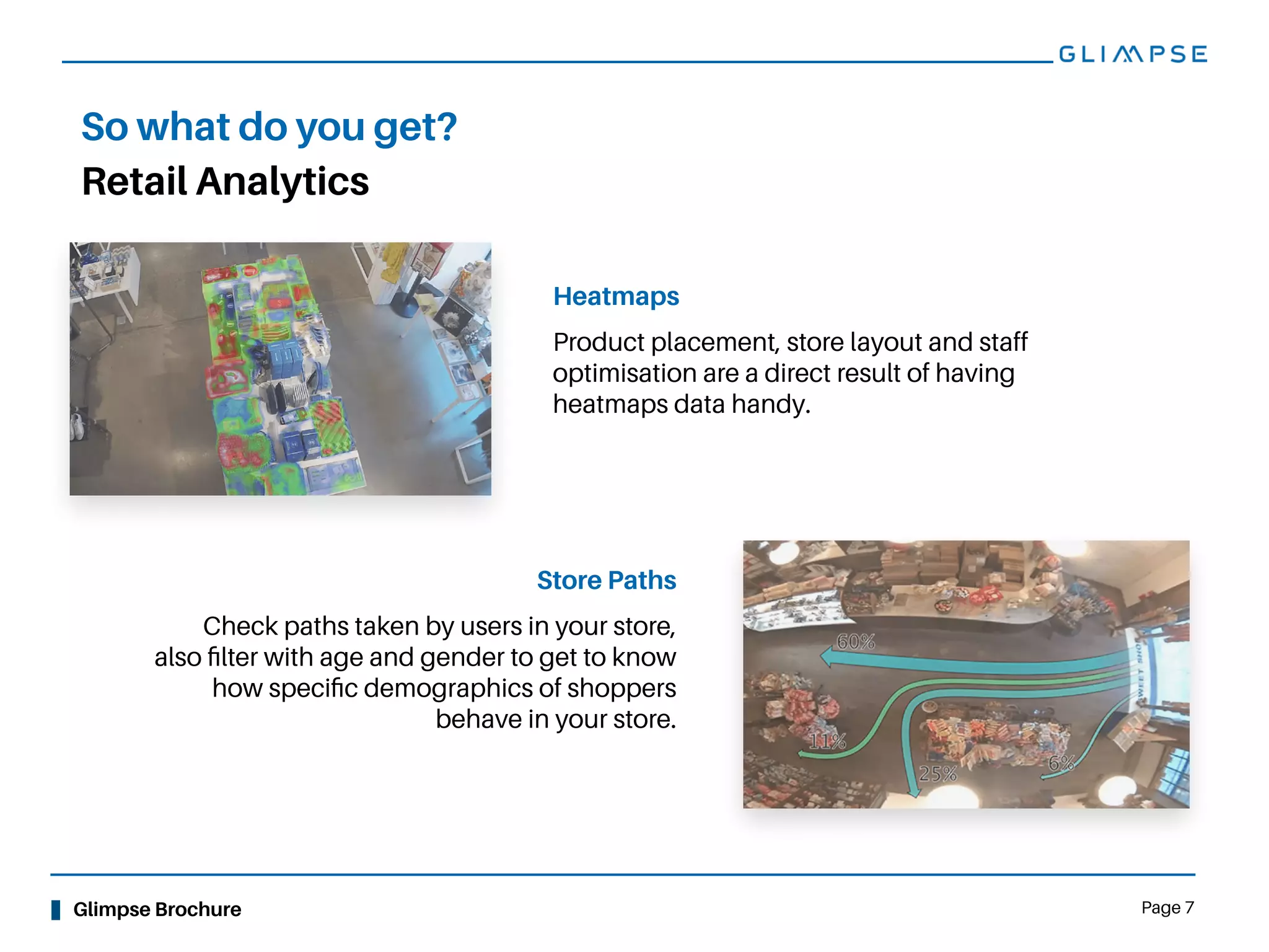 Glimpse Brochure Page 7
Retail Analytics
So what do you get?
Heatmaps
Product placement, store layout and staff
optimisation are a direct result of having
heatmaps data handy.
Store Paths
Check paths taken by users in your store,
also ﬁlter with age and gender to get to know
how speciﬁc demographics of shoppers
behave in your store.
 