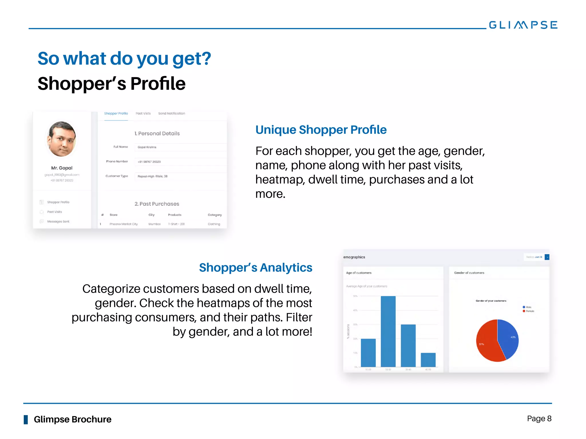 Glimpse Brochure Page 8
Shopper’s Proﬁle
So what do you get?
Unique Shopper Proﬁle
For each shopper, you get the age, gender,
name, phone along with her past visits,
heatmap, dwell time, purchases and a lot
more.
Shopper’s Analytics
Categorize customers based on dwell time,
gender. Check the heatmaps of the most
purchasing consumers, and their paths. Filter
by gender, and a lot more!
 