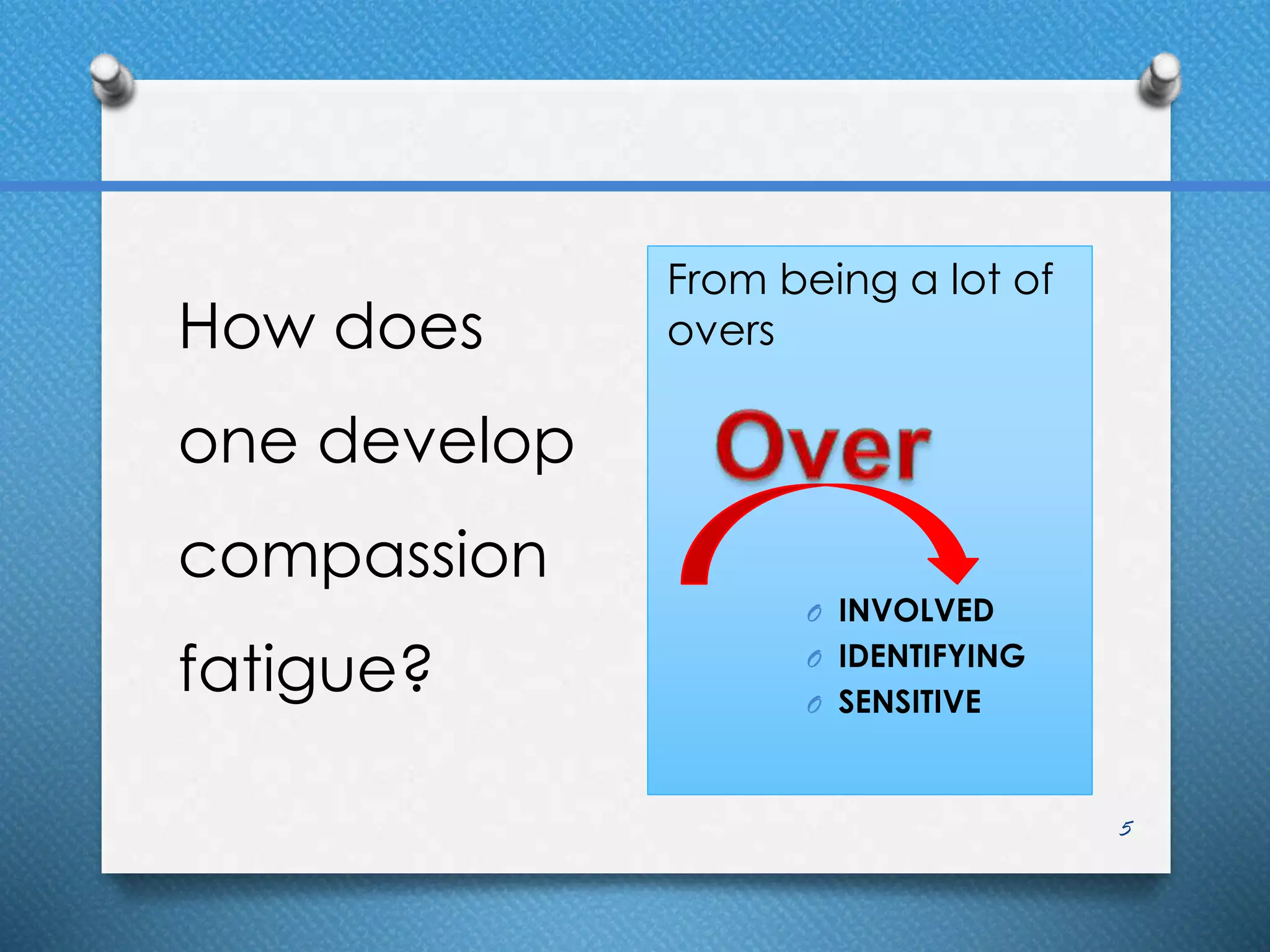 5
How does
one develop
compassion
fatigue?
From being a lot of
overs
O INVOLVED
O IDENTIFYING
O SENSITIVE
 