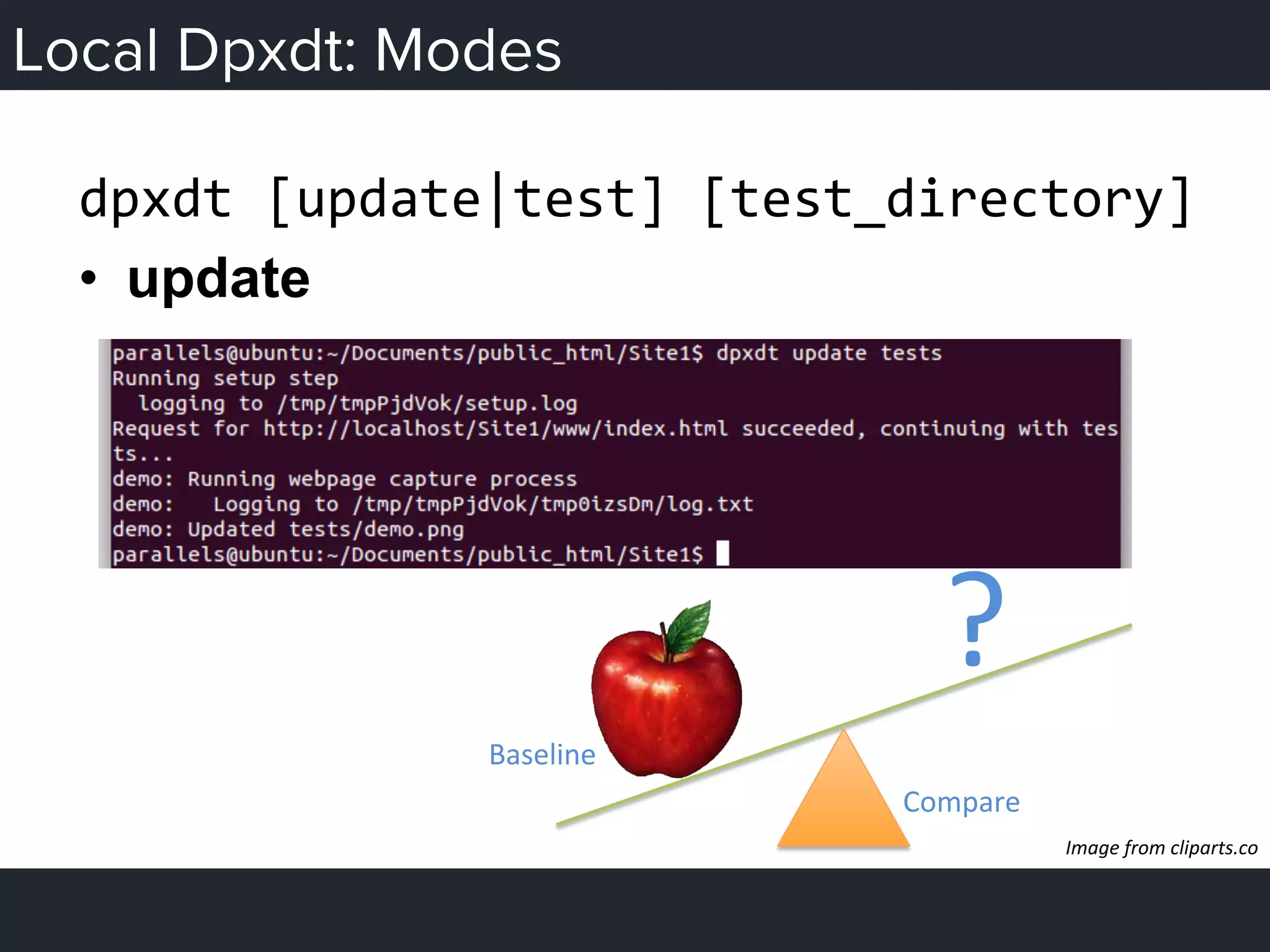 Local Dpxdt: Modes
dpxdt	
  [update|test]	
  [test_directory]	
  
•  update
Image	
  from	
  cliparts.co	
  
Baseline	
  
Compare	
  
?	
  
 