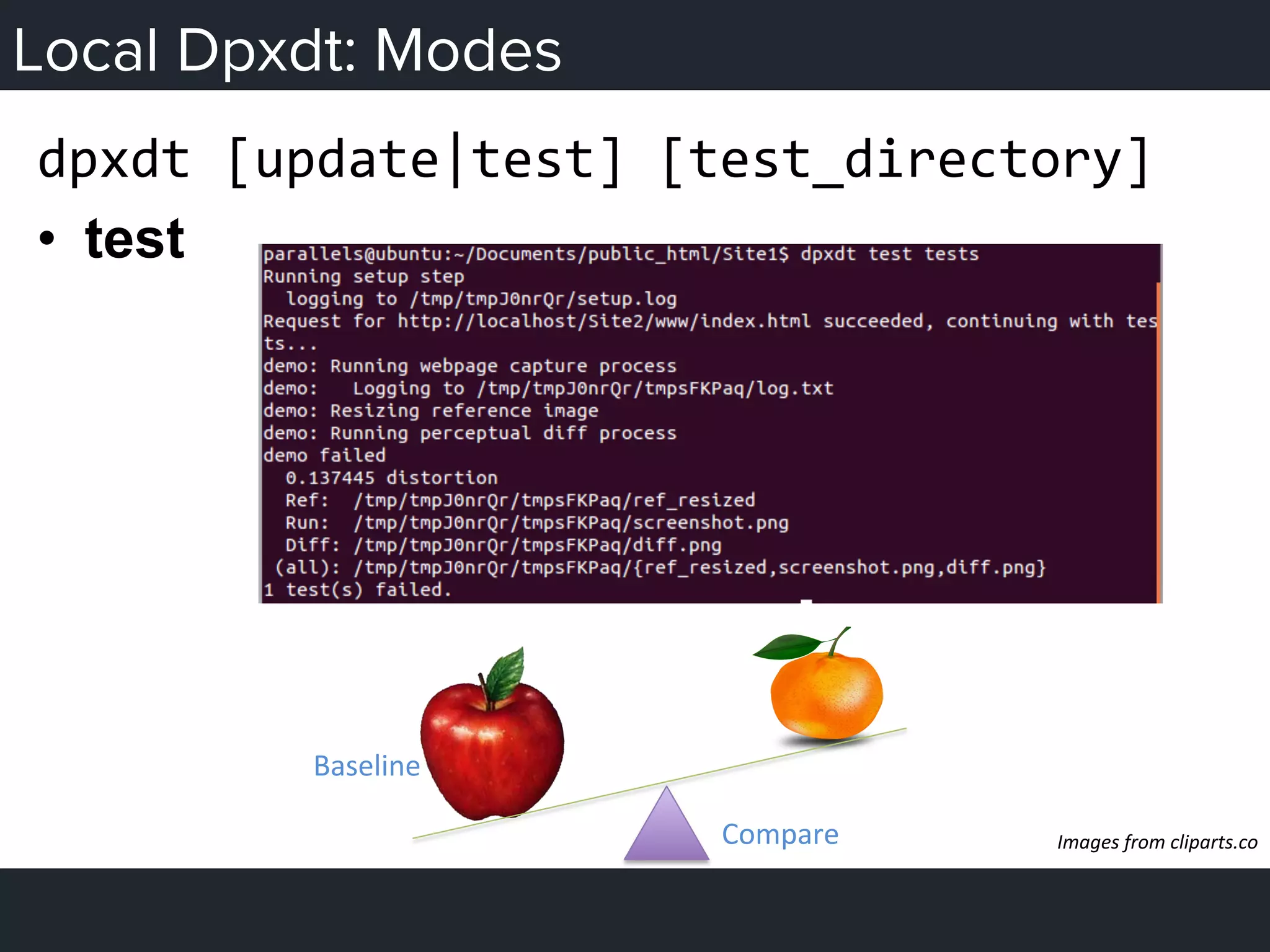 Local Dpxdt: Modes
dpxdt	
  [update|test]	
  [test_directory]	
  
•  test
Images	
  from	
  cliparts.co	
  
Baseline	
  
Compare	
  
 