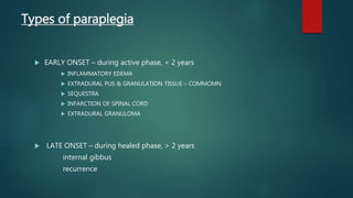 Types of paraplegia
 EARLY ONSET – during active phase, < 2 years
 INFLAMMATORY EDEMA
 EXTRADURAL PUS & GRANULATION TISSUE – COMMOMN
 SEQUESTRA
 INFARCTION OF SPINAL CORD
 EXTRADURAL GRANULOMA
 LATE ONSET – during healed phase, > 2 years
internal gibbus
recurrence
 