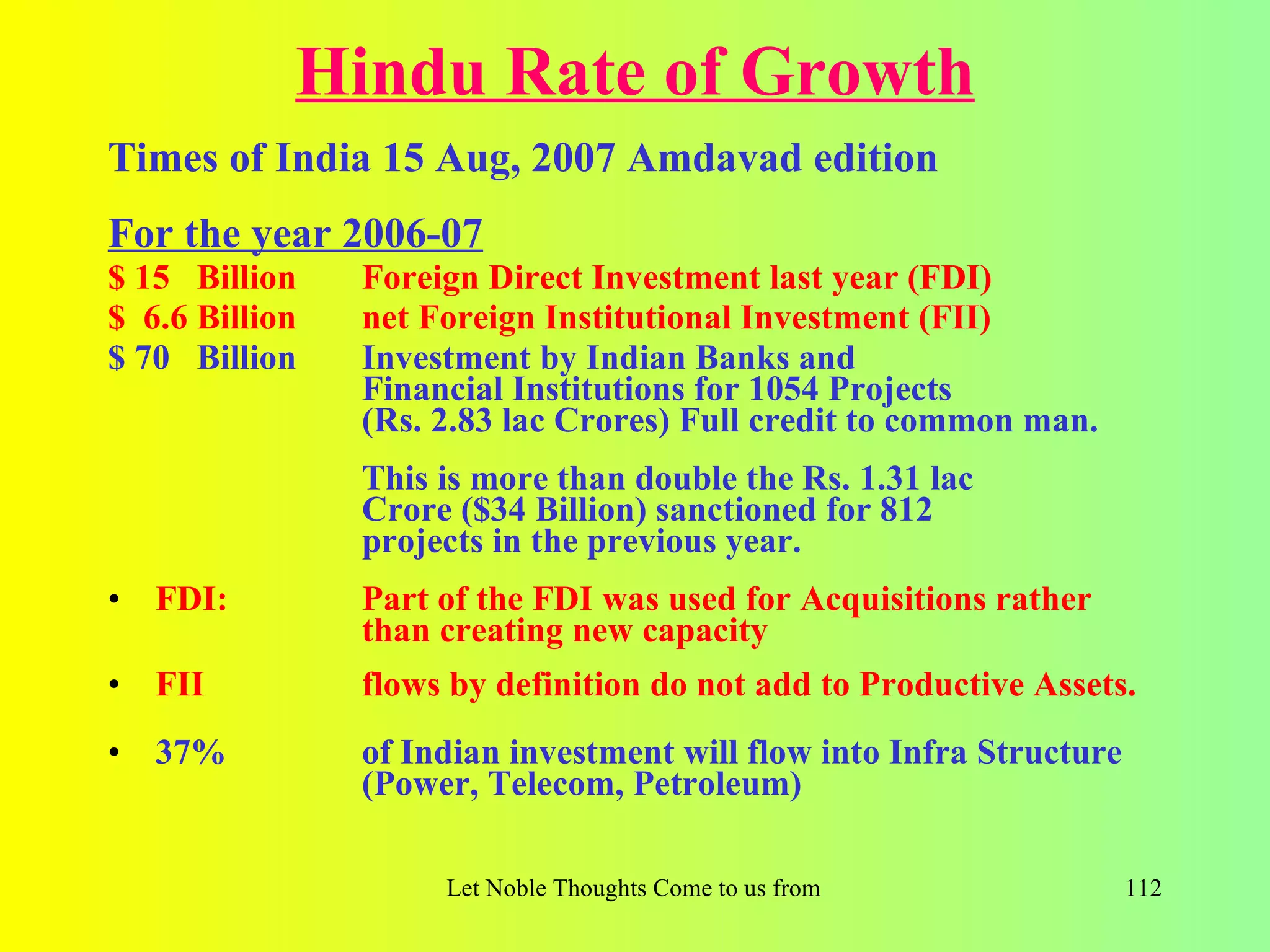 Hindu Rate of Growth
Times of India 15 Aug, 2007 Amdavad edition
For the year 2006-07
$ 15 Billion    Foreign Direct Investment last year (FDI)
$ 6.6 Billion   net Foreign Institutional Investment (FII)
$ 70 Billion    Investment by Indian Banks and
                Financial Institutions for 1054 Projects
                (Rs. 2.83 lac Crores) Full credit to common man.
                This is more than double the Rs. 1.31 lac
                Crore ($34 Billion) sanctioned for 812
                projects in the previous year.
• FDI:          Part of the FDI was used for Acquisitions rather
                than creating new capacity
• FII           flows by definition do not add to Productive Assets.
• 37%           of Indian investment will flow into Infra Structure
                (Power, Telecom, Petroleum)

                     Let Noble Thoughts Come to us from all Directions- Rig Veda   112
 
