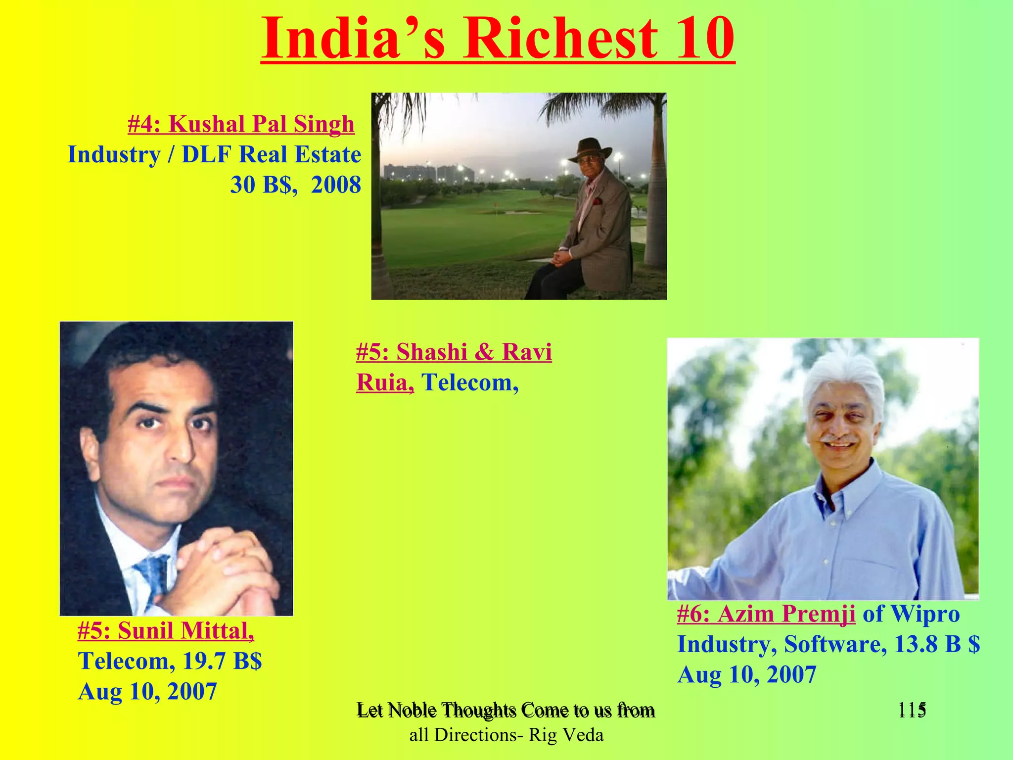 India’s Richest 10
     #4: Kushal Pal Singh
Industry / DLF Real Estate
              30 B$, 2008




                         #5: Shashi & Ravi
                         Ruia, Telecom,




                                                              #6: Azim Premji of Wipro
#5: Sunil Mittal,
                                                              Industry, Software, 13.8 B $
Telecom, 19.7 B$
                                                              Aug 10, 2007
Aug 10, 2007
                         Let Noble Thoughts Come to us from all Directions- Rig Veda   115
                               all Directions- Rig Veda
 