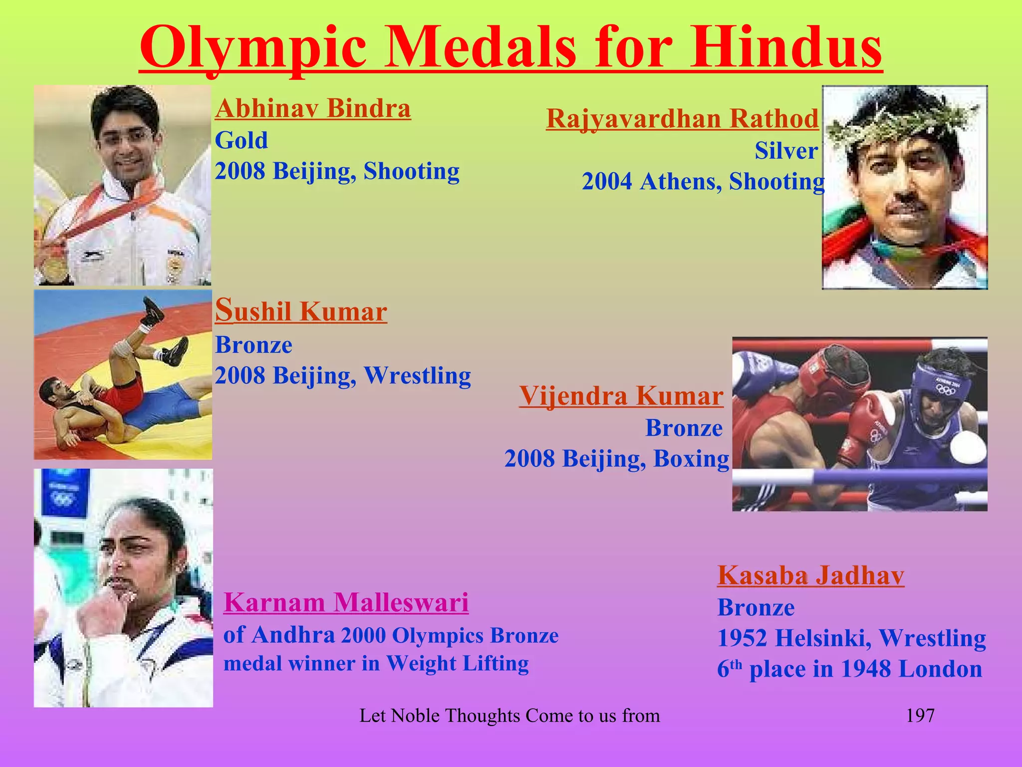 Olympic Medals for Hindus
  Abhinav Bindra                    Rajyavardhan Rathod
  Gold                                                  Silver
  2008 Beijing, Shooting                 2004 Athens, Shooting




  Sushil Kumar
  Bronze
  2008 Beijing, Wrestling
                                 Vijendra Kumar
                                             Bronze
                                2008 Beijing, Boxing



                                                        Kasaba Jadhav
  Karnam Malleswari                                     Bronze
  of Andhra 2000 Olympics Bronze                        1952 Helsinki, Wrestling
  medal winner in Weight Lifting                        6th place in 1948 London
               Let Noble Thoughts Come to us from all Directions- Rig Veda   197
 