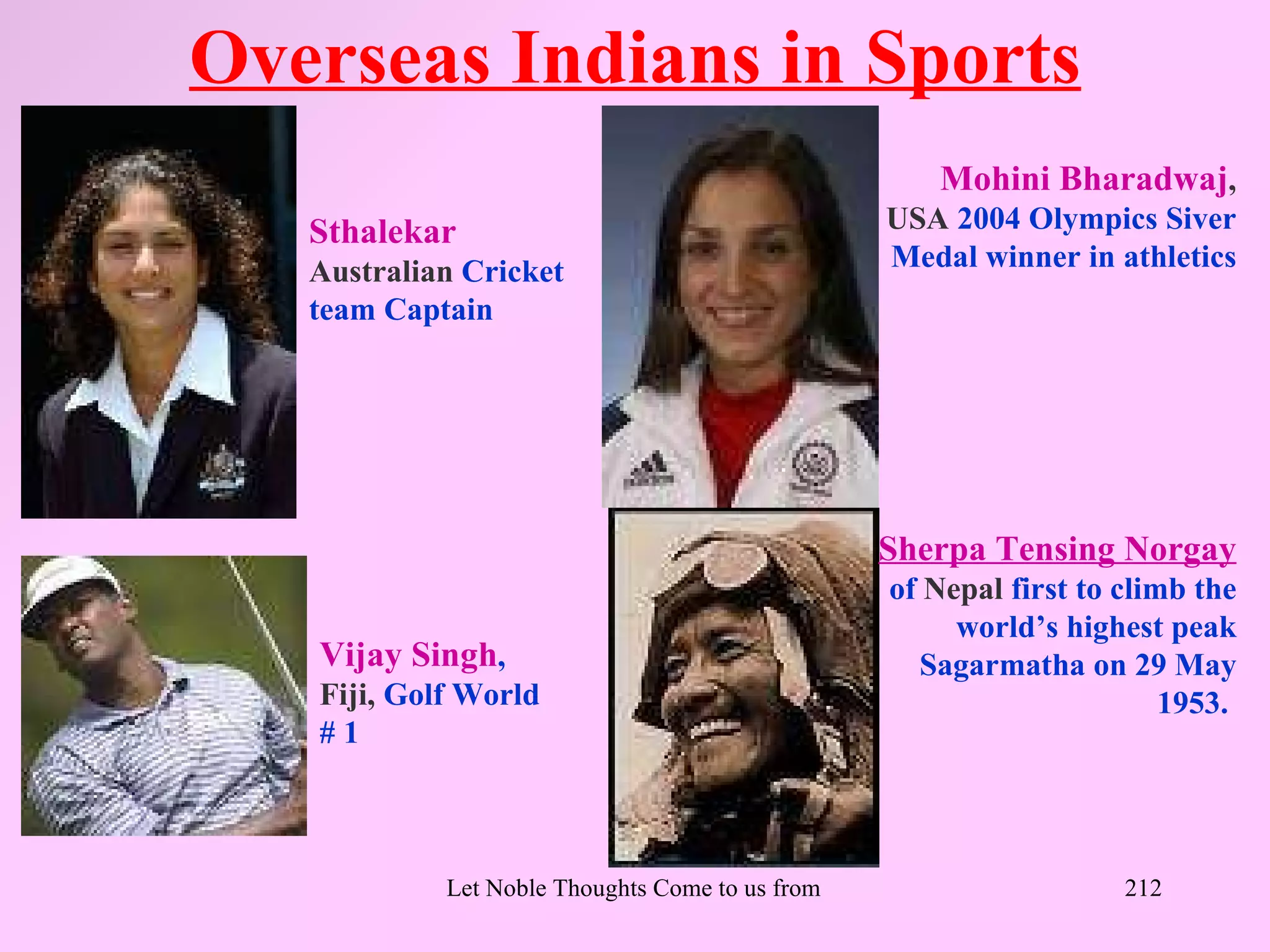 Overseas Indians in Sports
                                                          Mohini Bharadwaj,
   Sthalekar                                         USA 2004 Olympics Siver
   Australian Cricket                                Medal winner in athletics
   team Captain




                                                    Sherpa Tensing Norgay
                                                     of Nepal first to climb the
                                                          world’s highest peak
   Vijay Singh,                                        Sagarmatha on 29 May
   Fiji, Golf World                                                        1953.
   #1



            Let Noble Thoughts Come to us from all Directions- Rig Veda   212
 