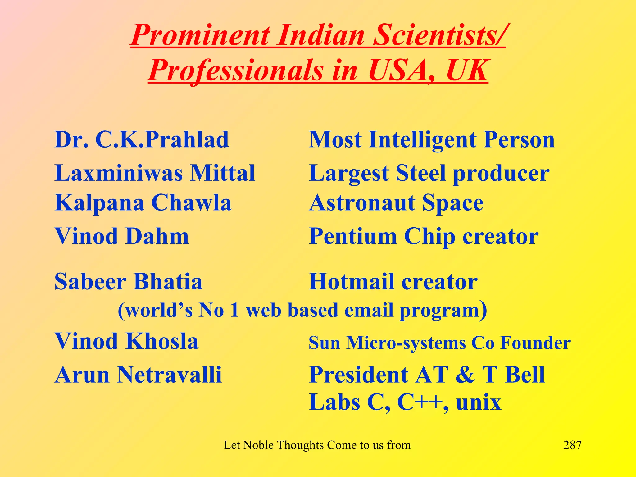 Prominent Indian Scientists/
       Professionals in USA, UK

Dr. C.K.Prahlad                  Most Intelligent Person
Laxminiwas Mittal                Largest Steel producer
Kalpana Chawla                   Astronaut Space
Vinod Dahm                       Pentium Chip creator
Sabeer Bhatia                    Hotmail creator
     (world’s No 1 web based email program)
Vinod Khosla                     Sun Micro-systems Co Founder
Arun Netravalli                  President AT & T Bell
                                 Labs C, C++, unix
                  Let Noble Thoughts Come to us from all Directions- Rig Veda   287
 