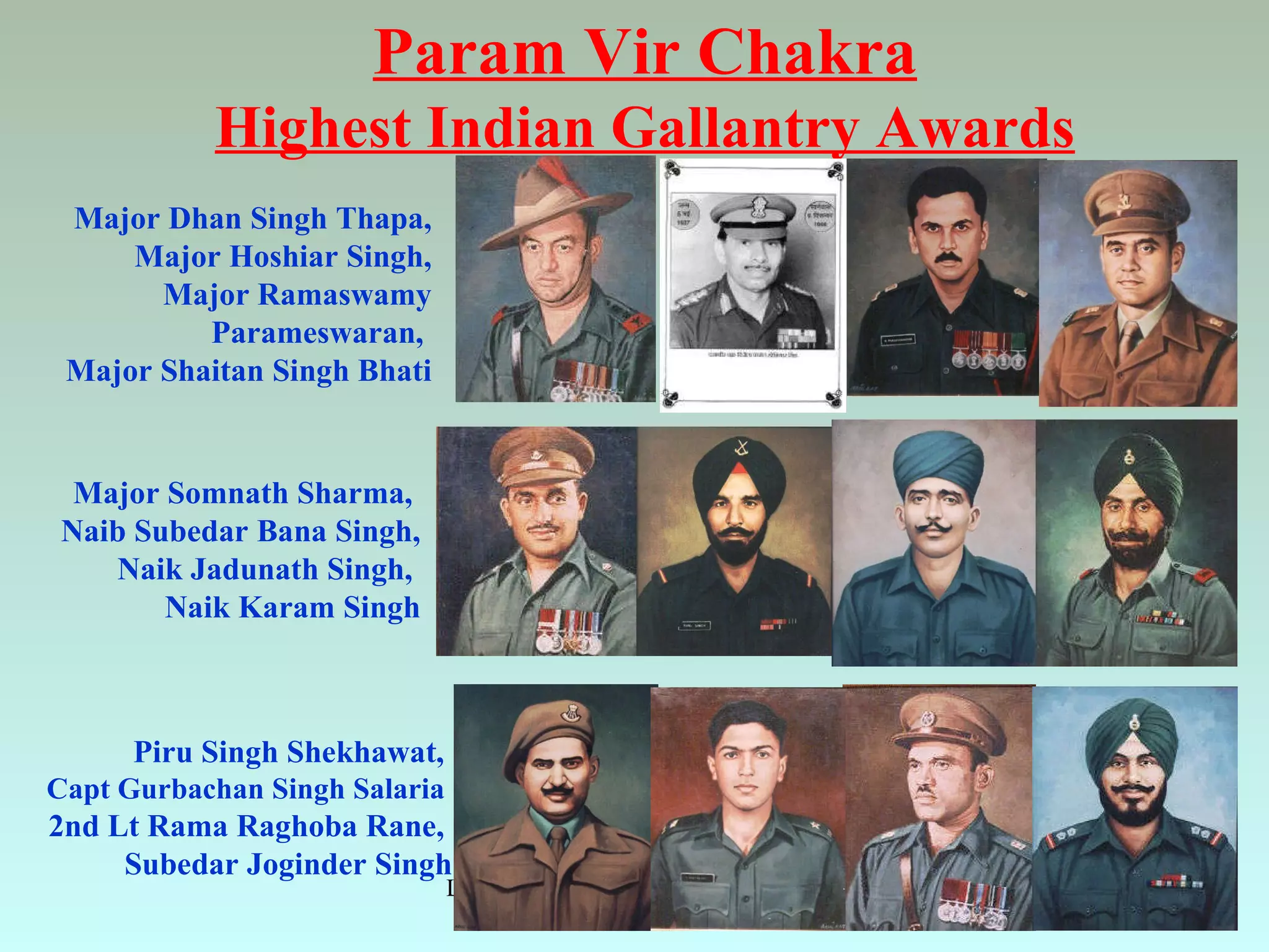 Param Vir Chakra
           Highest Indian Gallantry Awards
 Major Dhan Singh Thapa,
     Major Hoshiar Singh,
       Major Ramaswamy
          Parameswaran,
 Major Shaitan Singh Bhati


  Major Somnath Sharma,
 Naib Subedar Bana Singh,
    Naik Jadunath Singh,
        Naik Karam Singh



      Piru Singh Shekhawat,
Capt Gurbachan Singh Salaria
2nd Lt Rama Raghoba Rane,
     Subedar Joginder Singh
                               Let Noble Thoughts Come to us from all Directions- Rig Veda   37
 