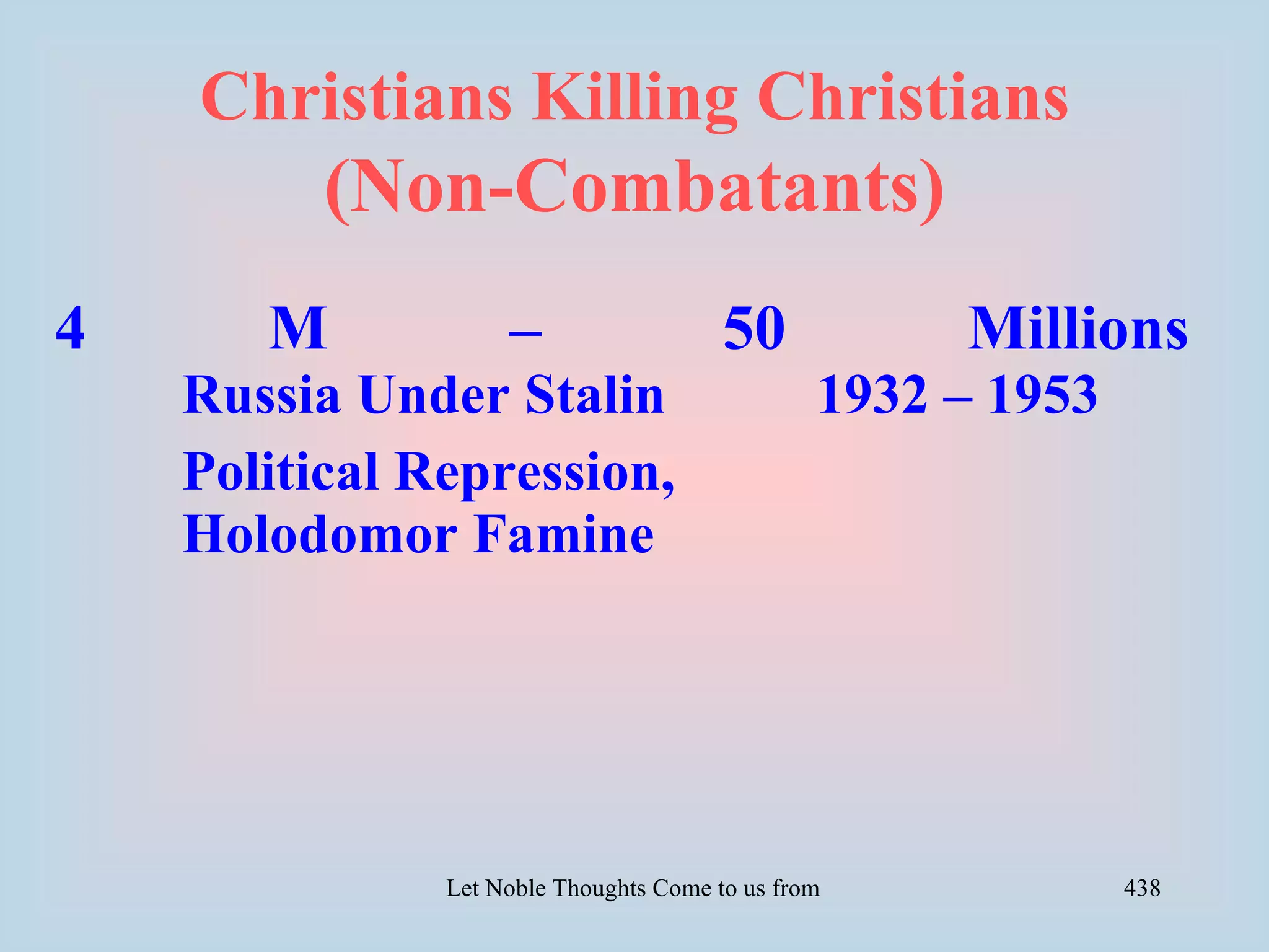Christians Killing Christians
          (Non-Combatants)
4      M            –                    50                     Millions
    Russia Under Stalin                          1932 – 1953
    Political Repression,
    Holodomor Famine




               Let Noble Thoughts Come to us from all Directions- Rig Veda   438
 