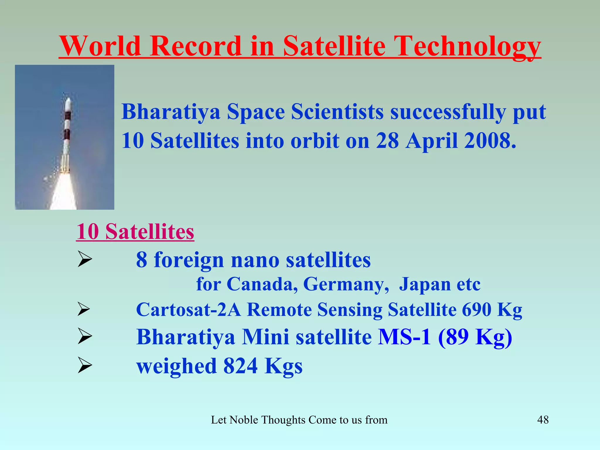 World Record in Satellite Technology

     Bharatiya Space Scientists successfully put
     10 Satellites into orbit on 28 April 2008.


 10 Satellites
      8 foreign nano satellites
             for Canada, Germany, Japan etc
      Cartosat-2A Remote Sensing Satellite 690 Kg
      Bharatiya Mini satellite MS-1 (89 Kg)
      weighed 824 Kgs

               Let Noble Thoughts Come to us from all Directions- Rig Veda   48
 