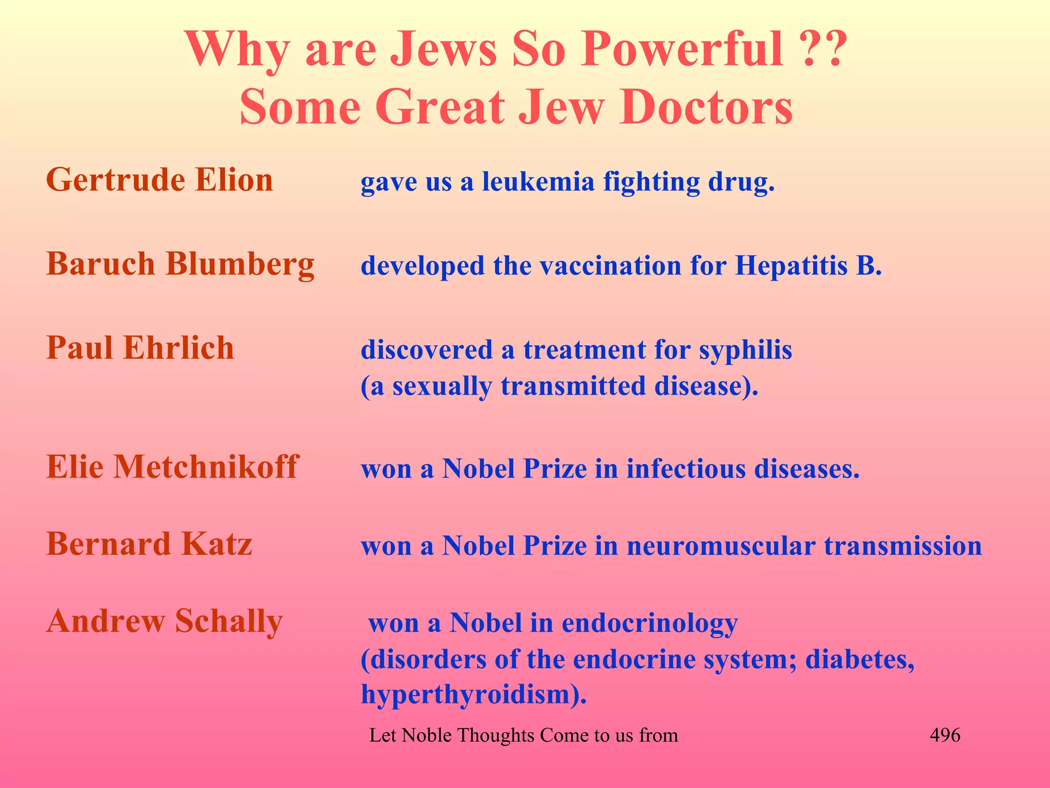 Why are Jews So Powerful ??
         Some Great Jew Doctors
Gertrude Elion     gave us a leukemia fighting drug.

Baruch Blumberg    developed the vaccination for Hepatitis B.

Paul Ehrlich       discovered a treatment for syphilis
                   (a sexually transmitted disease).

Elie Metchnikoff   won a Nobel Prize in infectious diseases.

Bernard Katz       won a Nobel Prize in neuromuscular transmission

Andrew Schally      won a Nobel in endocrinology
                   (disorders of the endocrine system; diabetes,
                   hyperthyroidism).
                   Let Noble Thoughts Come to us from all Directions- Rig Veda   496
 