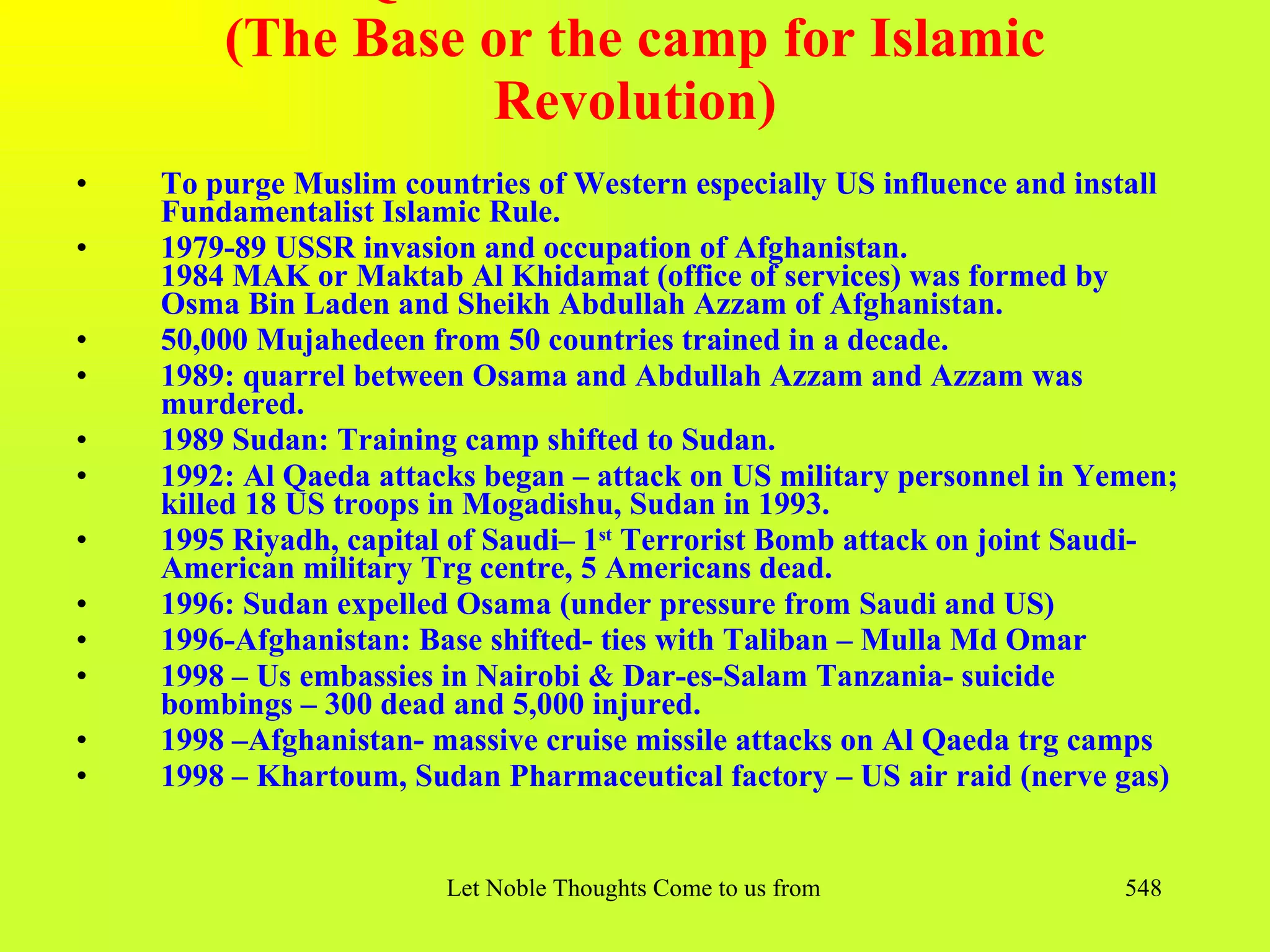 (The Base or the camp for Islamic
                  Revolution)
•   To purge Muslim countries of Western especially US influence and install
    Fundamentalist Islamic Rule.
•   1979-89 USSR invasion and occupation of Afghanistan.
    1984 MAK or Maktab Al Khidamat (office of services) was formed by
    Osma Bin Laden and Sheikh Abdullah Azzam of Afghanistan.
•   50,000 Mujahedeen from 50 countries trained in a decade.
•   1989: quarrel between Osama and Abdullah Azzam and Azzam was
    murdered.
•   1989 Sudan: Training camp shifted to Sudan.
•   1992: Al Qaeda attacks began – attack on US military personnel in Yemen;
    killed 18 US troops in Mogadishu, Sudan in 1993.
•   1995 Riyadh, capital of Saudi– 1st Terrorist Bomb attack on joint Saudi-
    American military Trg centre, 5 Americans dead.
•   1996: Sudan expelled Osama (under pressure from Saudi and US)
•   1996-Afghanistan: Base shifted- ties with Taliban – Mulla Md Omar
•   1998 – Us embassies in Nairobi & Dar-es-Salam Tanzania- suicide
    bombings – 300 dead and 5,000 injured.
•   1998 –Afghanistan- massive cruise missile attacks on Al Qaeda trg camps
•   1998 – Khartoum, Sudan Pharmaceutical factory – US air raid (nerve gas)


                        Let Noble Thoughts Come to us from all Directions- Rig Veda   548
 