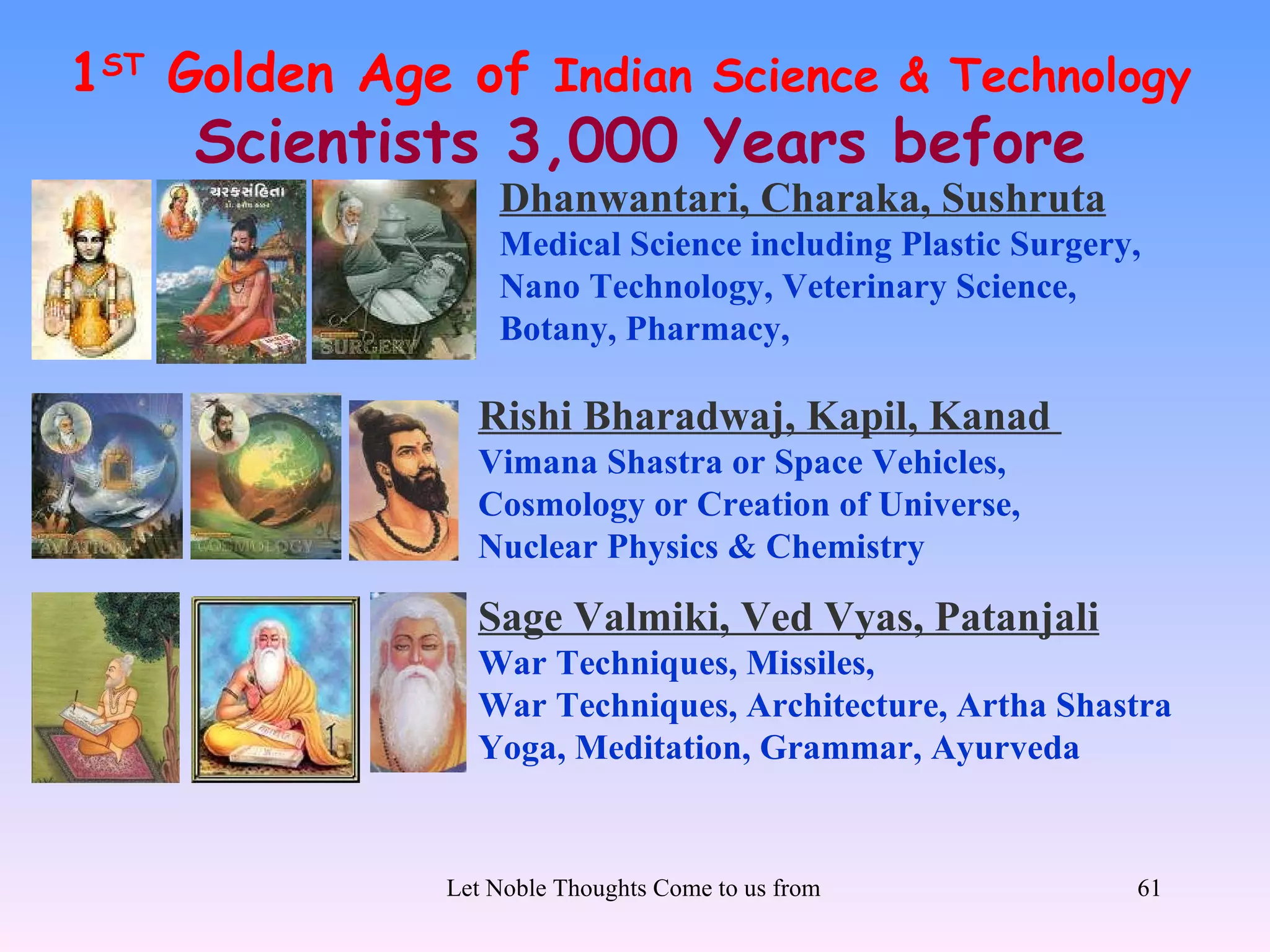 1ST Golden Age of Indian Science & Technology
     Scientists 3,000 Years before
                   Dhanwantari, Charaka, Sushruta
                   Medical Science including Plastic Surgery,
                   Nano Technology, Veterinary Science,
                   Botany, Pharmacy,

                 Rishi Bharadwaj, Kapil, Kanad
                 Vimana Shastra or Space Vehicles,
                 Cosmology or Creation of Universe,
                 Nuclear Physics & Chemistry

                 Sage Valmiki, Ved Vyas, Patanjali
                 War Techniques, Missiles,
                 War Techniques, Architecture, Artha Shastra
                 Yoga, Meditation, Grammar, Ayurveda


               Let Noble Thoughts Come to us from all Directions- Rig Veda   61
 