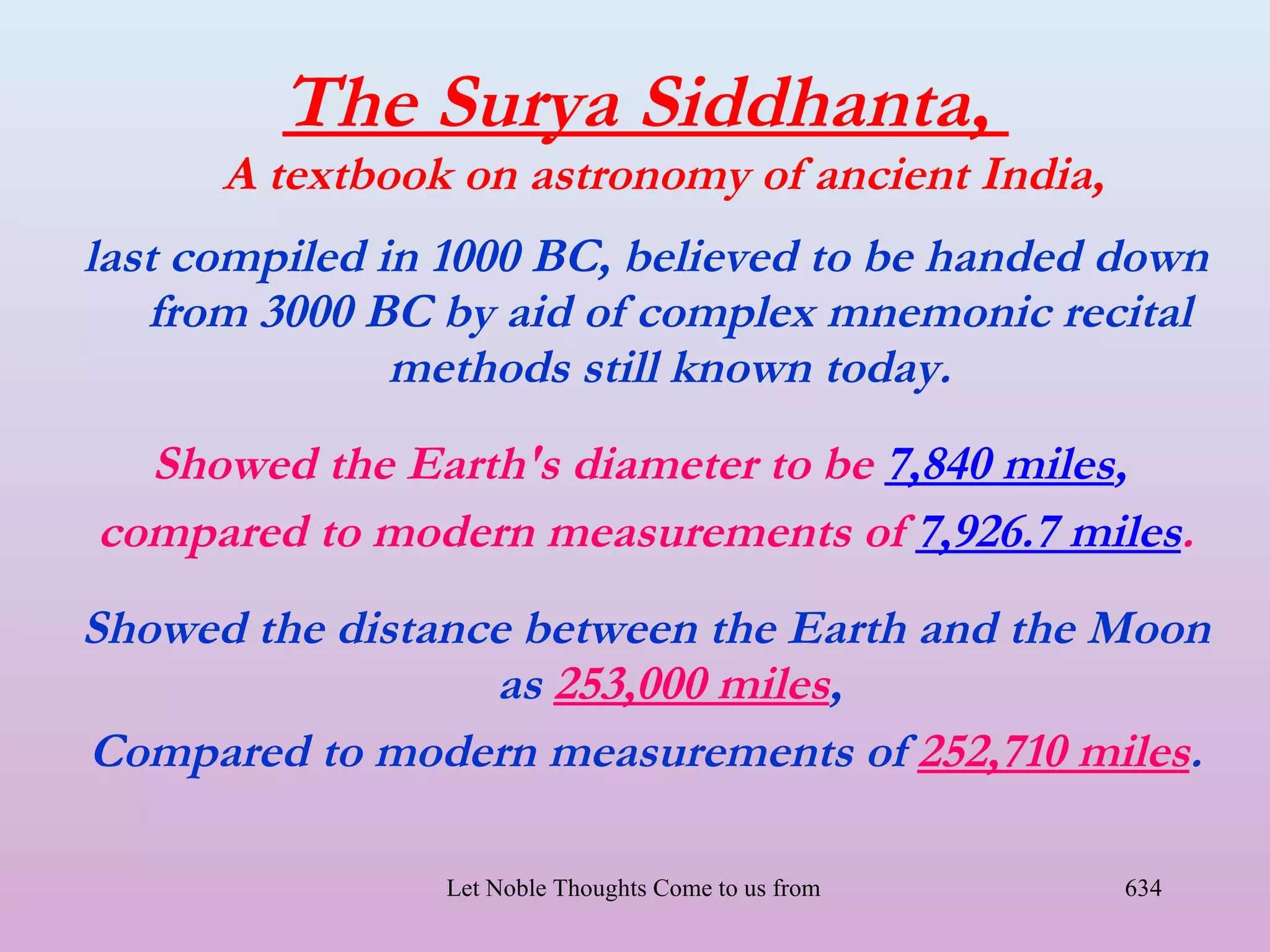 The Surya Siddhanta,
      A textbook on astronomy of ancient India,
last compiled in 1000 BC, believed to be handed down
   from 3000 BC by aid of complex mnemonic recital
               methods still known today.
  Showed the Earth's diameter to be 7,840 miles,
compared to modern measurements of 7,926.7 miles.
Showed the distance between the Earth and the Moon
                  as 253,000 miles,
Compared to modern measurements of 252,710 miles.

                Let Noble Thoughts Come to us from all Directions- Rig Veda   634
 