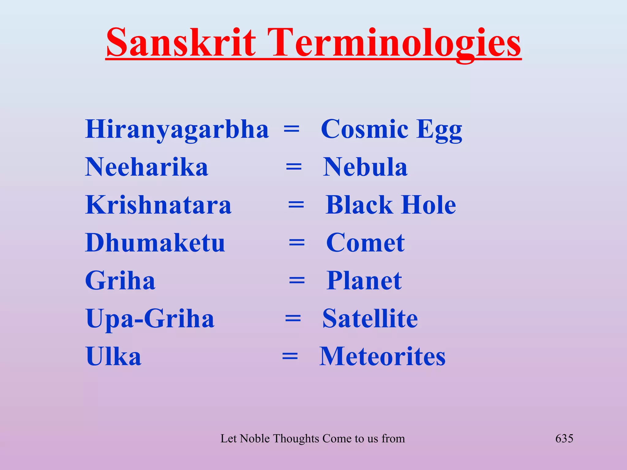 Sanskrit Terminologies
Hiranyagarbha       =      Cosmic Egg
Neeharika           =      Nebula
Krishnatara         =      Black Hole
Dhumaketu           =      Comet
Griha               =      Planet
Upa-Griha           =      Satellite
Ulka                =      Meteorites

         Let Noble Thoughts Come to us from all Directions- Rig Veda   635
 