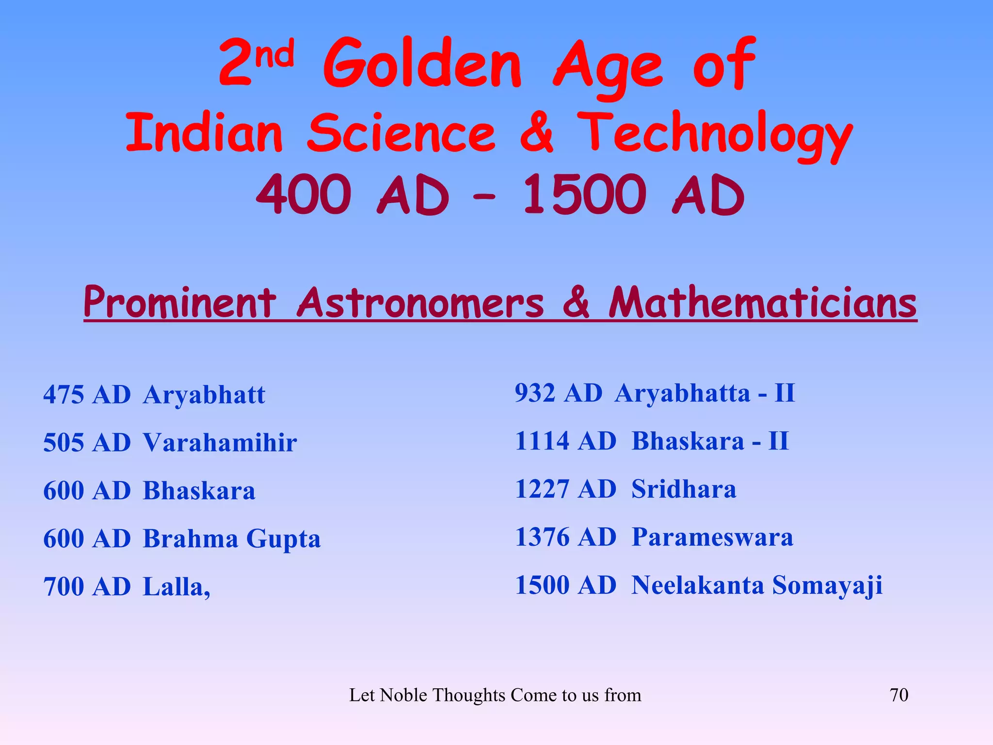 2   nd
                         Golden Age of
      Indian Science & Technology
           400 AD – 1500 AD
   Prominent Astronomers & Mathematicians

475 AD Aryabhatt                            932 AD Aryabhatta - II
505 AD Varahamihir                          1114 AD Bhaskara - II
600 AD Bhaskara                             1227 AD Sridhara
600 AD Brahma Gupta                         1376 AD Parameswara
700 AD Lalla,                               1500 AD Neelakanta Somayaji


                         Let Noble Thoughts Come to us from all Directions- Rig Veda   70
 