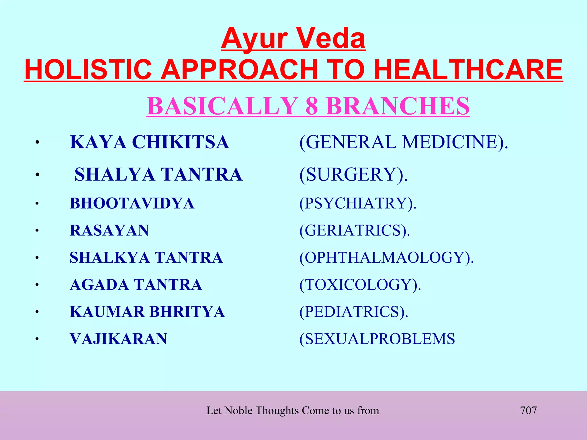 Ayur Veda
HOLISTIC APPROACH TO HEALTHCARE
           BASICALLY 8 BRANCHES
•   KAYA CHIKITSA                    (GENERAL MEDICINE).
•   SHALYA TANTRA                    (SURGERY).
•   BHOOTAVIDYA                      (PSYCHIATRY).
•   RASAYAN                          (GERIATRICS).
•   SHALKYA TANTRA                   (OPHTHALMAOLOGY).
•   AGADA TANTRA                     (TOXICOLOGY).
•   KAUMAR BHRITYA                   (PEDIATRICS).
•   VAJIKARAN                        (SEXUALPROBLEMS



                   Let Noble Thoughts Come to us from all Directions- Rig Veda   707
 