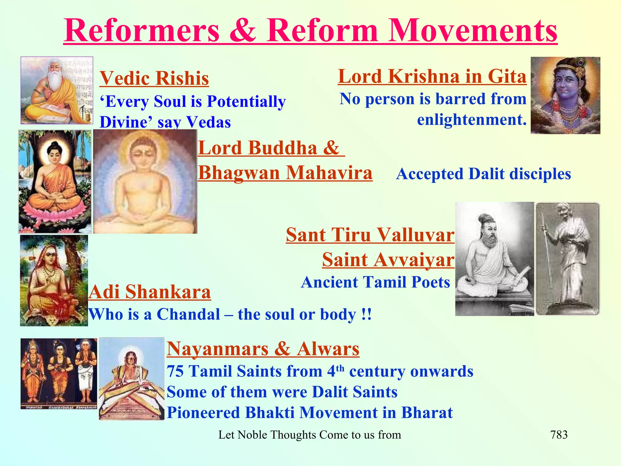 Reformers & Reform Movements
  Vedic Rishis                           Lord Krishna in Gita
  ‘Every Soul is Potentially             No person is barred from
  Divine’ say Vedas                               enlightenment.
               Lord Buddha &
               Bhagwan Mahavira                     Accepted Dalit disciples


                               Sant Tiru Valluvar
                                  Saint Avvaiyar
                                 Ancient Tamil Poets
 Adi Shankara
 Who is a Chandal – the soul or body !!

           Nayanmars & Alwars
           75 Tamil Saints from 4th century onwards
           Some of them were Dalit Saints
           Pioneered Bhakti Movement in Bharat
                  Let Noble Thoughts Come to us from all Directions- Rig Veda   783
 