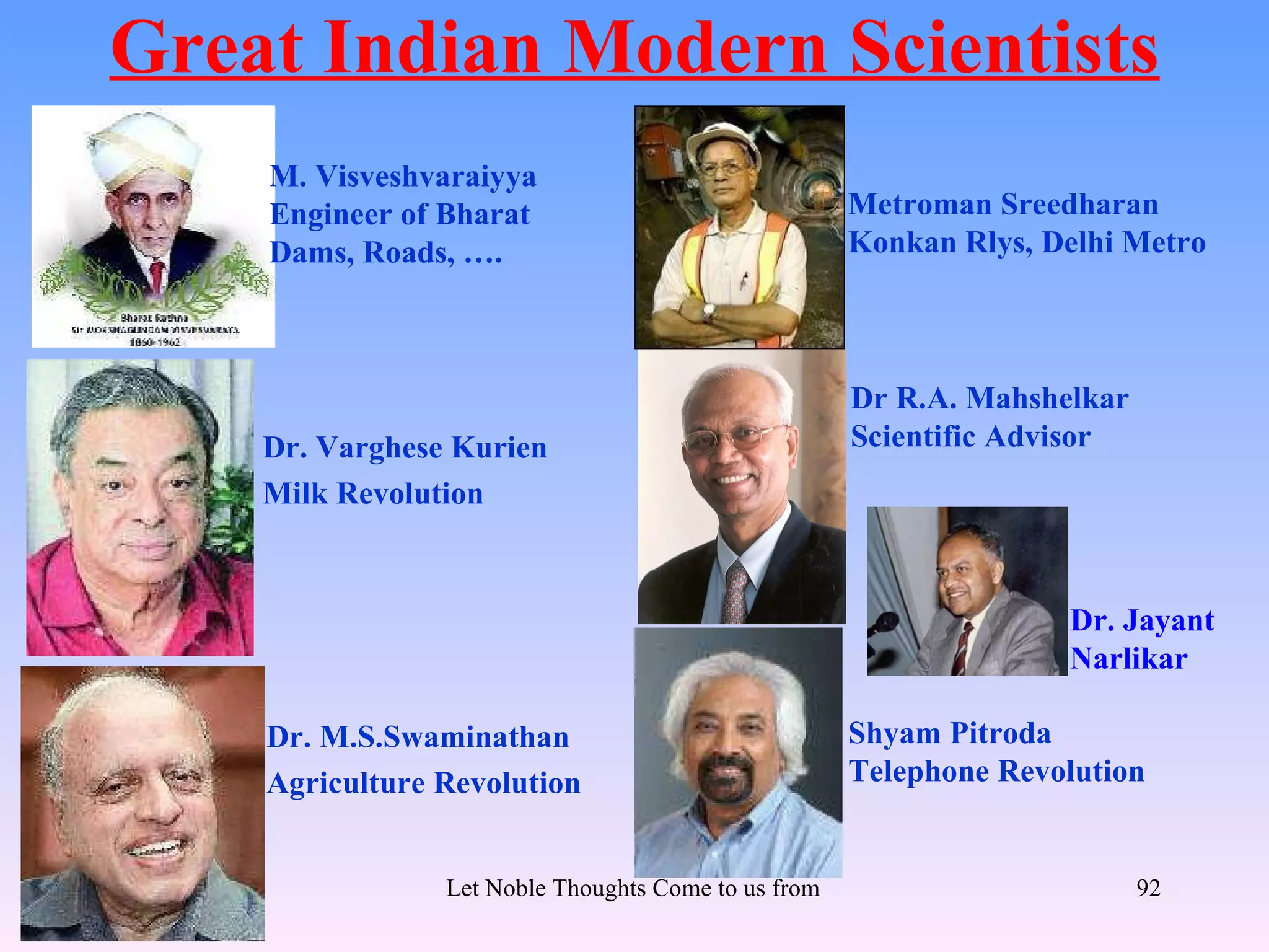 Great Indian Modern Scientists
    M. Visveshvaraiyya
    Engineer of Bharat                               Metroman Sreedharan
    Dams, Roads, ….                                  Konkan Rlys, Delhi Metro



                                                      Dr R.A. Mahshelkar
    Dr. Varghese Kurien                               Scientific Advisor
    Milk Revolution



                                                                          Dr. Jayant
                                                                          Narlikar

    Dr. M.S.Swaminathan                               Shyam Pitroda
    Agriculture Revolution                            Telephone Revolution


                Let Noble Thoughts Come to us from all Directions- Rig Veda   92
 