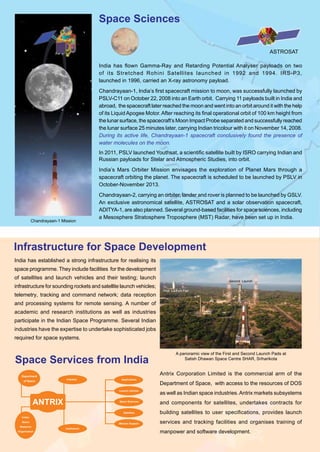 Space Sciences
India has flown Gamma-Ray and Retarding Potential Analyser payloads on two
of its Stretched Rohini Satellites launched in 1992 and 1994. IRS-P3,
launched in 1996, carried an X-ray astronomy payload.
Chandrayaan-1, India’s first spacecraft mission to moon, was successfully launched by
PSLV-C11 on October 22, 2008 into an Earth orbit. Carrying 11 payloads built in India and
abroad, the spacecraft later reached the moon and went into an orbit around it with the help
of its Liquid Apogee Motor.After reaching its final operational orbit of 100 km height from
the lunar surface, the spacecraft’s Moon Impact Probe separated and successfully reached
the lunar surface 25 minutes later, carrying Indian tricolour with it on November 14, 2008.
During its active life, Chandrayaan-1 spacecraft conclusively found the presence of
water molecules on the moon.
In 2011, PSLV launched Youthsat, a scientific satellite built by ISRO carrying Indian and
Russian payloads for Stelar and Atmospheric Studies, into orbit.
India’s Mars Orbiter Mission envisages the exploration of Planet Mars through a
spacecraft orbiting the planet. The spacecraft is scheduled to be launched by PSLV in
October-November 2013.
Chandrayaan-2, carrying an orbiter, lander and rover is planned to be launched by GSLV.
An exclusive astronomical satellite, ASTROSAT and a solar observation spacecraft,
ADITYA-1, are also planned. Several ground-based facilities for space sciences, including
a Mesosphere Stratosphere Troposphere (MST) Radar, have been set up in India.
India has established a strong infrastructure for realising its
space programme. They include facilities for the development
of satellites and launch vehicles and their testing; launch
infrastructure for sounding rockets and satellite launch vehicles;
telemetry, tracking and command network; data reception
and processing systems for remote sensing. A number of
academic and research institutions as well as industries
participate in the Indian Space Programme. Several Indian
industries have the expertise to undertake sophisticated jobs
required for space systems.
Infrastructure for Space Development
A panoramic view of the First and Second Launch Pads at
Satish Dhawan Space Centre SHAR, Sriharikota
Space Services from India
Antrix Corporation Limited is the commercial arm of the
Department of Space, with access to the resources of DOS
as well as Indian space industries.Antrix markets subsystems
and components for satellites, undertakes contracts for
building satellites to user specifications, provides launch
services and tracking facilities and organises training of
manpower and software development.
ASTROSAT
Space Centres in India
September2013
International Co-operation
International co-operation has been the hallmark of Indian space programme. India participates in
major space fora including the UN, IAF, COSPAR and CEOS. India has set up the Centre for Space
Science and Technology Education in Asia and the Pacific (CSSTE-AP) which is sponsored by the
United Nations. India offers training in space applications to personnel from developing countries
under the programme Sharing of Experience in Space (SHARES). Chandrayaan-1, a 1400 kg
unmanned spacecraft built by ISRO for exploring the moon, carried 11 scientific instruments from
India, the United States, the European Space Agency and Bulgaria. Youthsat, an Indo-Russian
scientific satellite, was successfully launched onboard PSLV in 2011. Megha-Tropiques, a joint
Indo-French satellite mission for the study of tropical atmosphere and SARAL, another joint
Indo-French satellite mission for ocean studies, were successfully launched by PSLV in 2011
and 2013 respectively.
Antrix Corporation Limited
Antariksh Complex, New BEL Road
Bangalore - 560 231, INDIA
Telephone: +91-80-2341 2183
Fax: +91-80-2341 8981, 2351 4166 / 5486
E-mail: cmd@antrix.gov.in mail@antrix.gov.in
Website: www.antrix.gov.in
Publications and Public Relations
Indian Space Research Organisation
ISRO Headquarters, Antariksh Bhavan
New BEL Road, Bangalore - 560 231, INDIA
Telephone: +91-80-23415474 Fax: +91-80-23412253  
E-mail: dpkarnik@isro.gov.in Website: www.isro.gov.in
MEGHA-TROPIQUES
PublishedbyPublicationsandPublicRelations,ISROHeadquarters,Bangalore
DesignedbyImagicCreatives,BangaloreandPrintedatAdityaPrinters,Bangalore
Government of India established the Department of Space
in 1972 to promote development and application of space
science and technology for socio-economic benefits.
Indian Space Research Organisation (ISRO) is the primary
agency under the Department of Space for executing
space programmes. During the seventies, India undertook
demonstration of space applications for communication,
broadcasting and remote sensing; designed and built
experimental satellites – Aryabhata, Bhaskara, APPLE
and Rohini – and experimental Satellite Launch Vehicles –
SLV-3andASLV. Today,Indiahasestablishedspacesystems
that form an important element of the national infrastructure.
IndiasuccessfullysentitsChandrayaan-1spacecrafttomoonin
November 2008 and became the fourth individual country
to send a probe to the lunar surface. India’s 100th Space
Mission took place in September 2012 during which
the country’s workhorse Polar Satellite Launch Vehicle
(PSLV) sucessfully placed French SPOT-6 and Japanese
PROITERES satelites in the required orbits.
cmyk cmyk
cmykcmyk cmyk
cmyk
cmyk
Chandrayaan-1 Mission
cmyk
First Launch Pad
Second Launch
SARAL
CHANDIGARH
•	 Semi-Conductor Laboratory
JODHPUR
•	 Western RRSC
UDAIPUR
•	 Solar Observatory
Mt. ABU
•	 Infrared Observatory
AHMEDABAD
•	 Space Applications Centre
•	 Physical Research Laboratory
•	 Development and Educational
	 Communication Unit
MUMBAI
•	 ISRO Liaison Office
BHOPAL
•	 Master Control Facility - B
BENGALURU
•	 Space Commission
•	 Department of Space and
	 ISRO Headquarters
•	 INSAT Programme Office
•	 NNRMS Secretariat
•	 Civil Engineering Programme Office
•	 Antrix Corporation
•	 ISRO Satellite Centre
•	 Laboratory for Electro-Optic Systems
•	 ISRO Telemetry, Tracking and
	 Command Network
•	 Southern RRSC
•	 Liquid Propulsion Systems Centre
HASSAN
•	 Master Control Facility
BYALALU
•	 Indian Deep Space Network
•	 Indian Space Science Data Centre MAHENDRAGIRI
•	 Liquid Propulsion Test Facilities
THIRUVANANTHAPURAM
•	 Vikram Sarabhai Space Centre
•	 Liquid Propulsion Systems Centre
•	 ISRO Inertial Systems Unit
•	 Indian Institute of Space Science and Technology
ALUVA
•	 Ammonium Perchlorate Experimental Plant
TIRUPATI
•	 National Atmospheric Research Laboratory
SRIHARIKOTA
•	 Satish Dhawan Space Centre, SHAR
HYDERABAD
•	 National Remote Sensing Centre
NAGPUR
•	 Central RRSC
KOLKATA
•	 Eastern RRSC
SHILLONG
•	 North Eastern-Space
	 Applications Centre
LUCKNOW
•	 ISTRAC Ground Station
DEHRADUN
•	 Indian Institute of Remote Sensing
•	 Centre for Space Science and Technology
	 Education in Asia-Pacific
NEW DELHI
•	 DOS Branch Secretariat
•	 ISRO Branch Office
•	 Delhi Earth Station
PORT BLAIR
•	 Down Range
	 Station
 