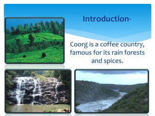 Introduction-
Coorg is a coffee country,
famous for its rain forests
and spices.
 