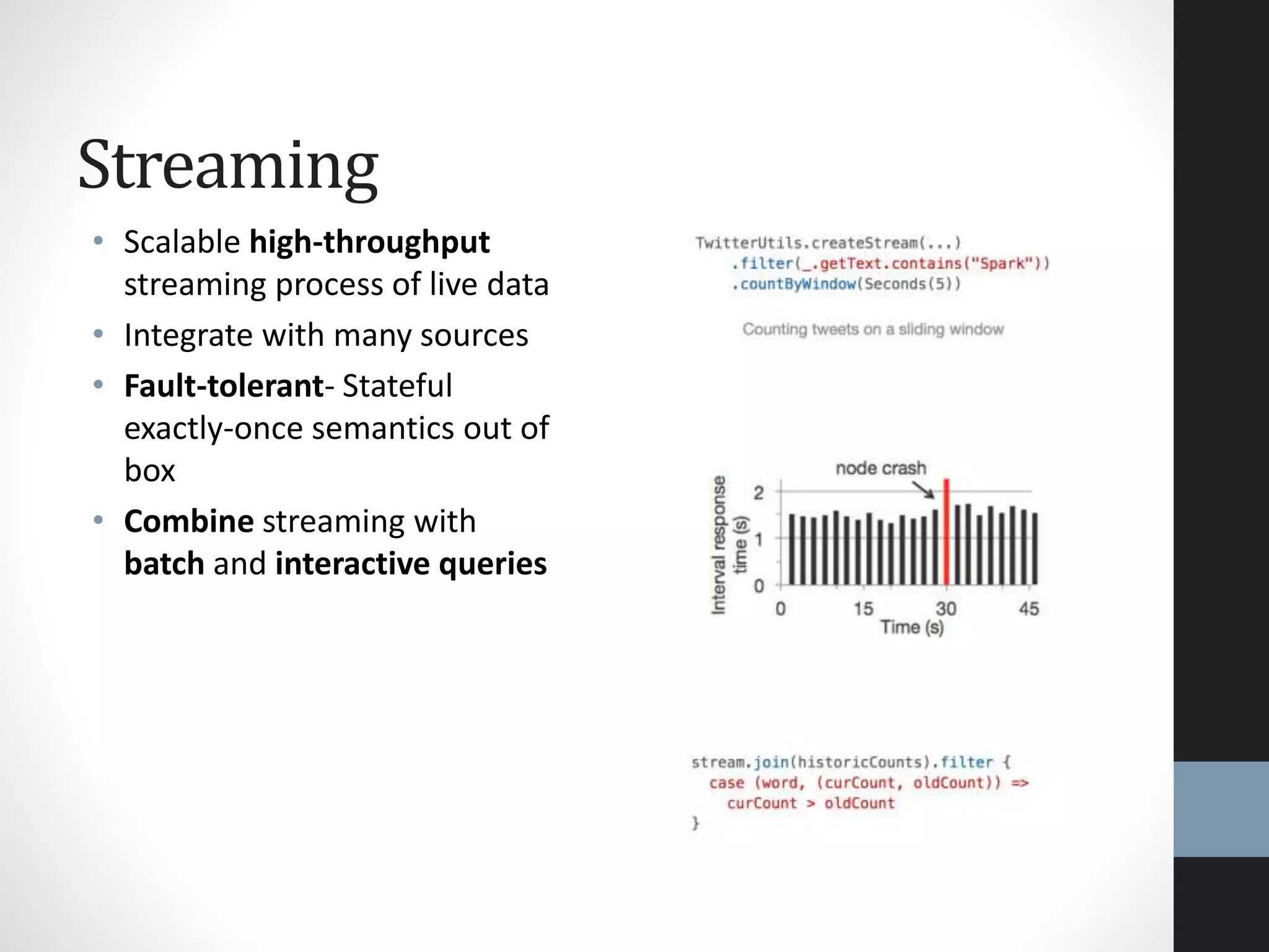 Streaming
• Scalable high-throughput
streaming process of live data
• Integrate with many sources
• Fault-tolerant- Stateful
exactly-once semantics out of
box
• Combine streaming with
batch and interactive queries
 