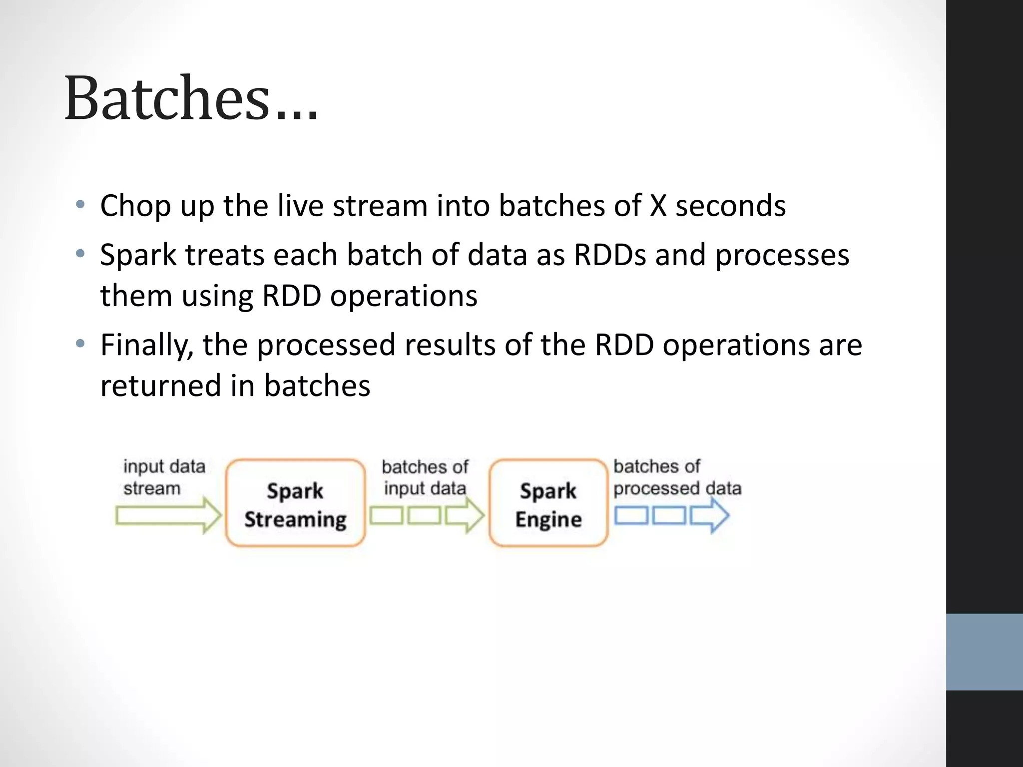 Batches…
• Chop up the live stream into batches of X seconds
• Spark treats each batch of data as RDDs and processes
them using RDD operations
• Finally, the processed results of the RDD operations are
returned in batches
 
