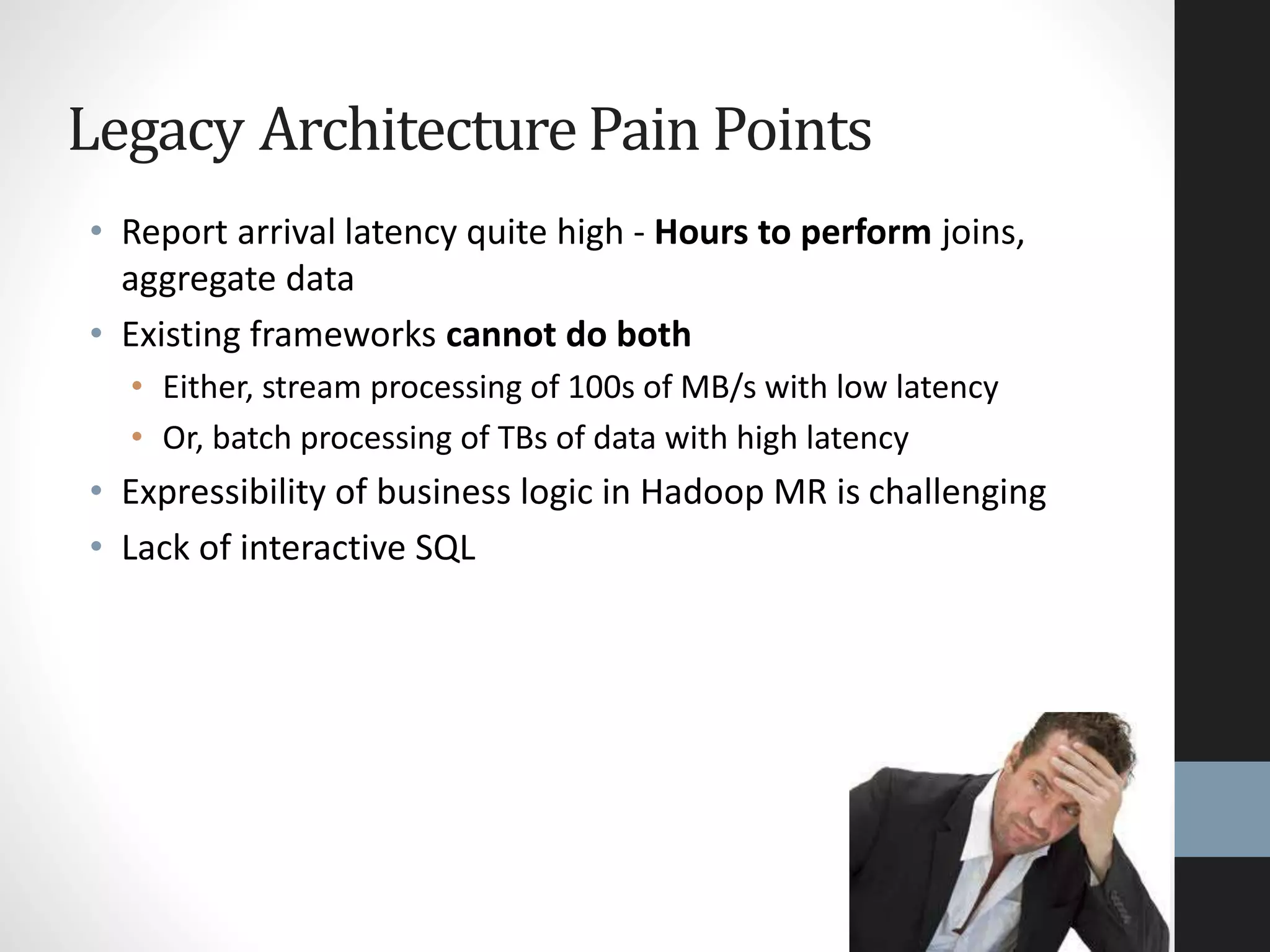 Legacy Architecture Pain Points
• Report arrival latency quite high - Hours to perform joins,
aggregate data
• Existing frameworks cannot do both
• Either, stream processing of 100s of MB/s with low latency
• Or, batch processing of TBs of data with high latency
• Expressibility of business logic in Hadoop MR is challenging
• Lack of interactive SQL
 