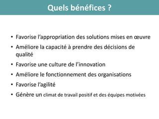 • Favorise l’appropriation des solutions mises en œuvre
• Améliore la capacité à prendre des décisions de
qualité
• Favorise une culture de l’innovation
• Améliore le fonctionnement des organisations
• Favorise l’agilité
• Génère un climat de travail positif et des équipes motivées
Quels bénéfices ?
 