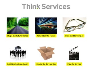 Shape the Future Trends Remember the Future Hunt the Stereotypes
Build the Business Model Create the Service Box Play the Service
 