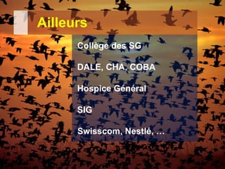 Ailleurs
Collège des SG
DALE, CHA, COBA
Hospice Général
SIG
Swisscom, Nestlé, …
 