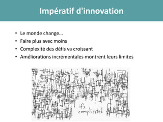 Impératif d'innovation
• Le monde change…
• Faire plus avec moins
• Complexité des défis va croissant
• Améliorations incrémentales montrent leurs limites
 