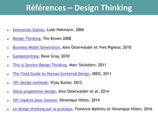 Références – Design Thinking
 Innovation Games, Luke Hohmann, 2006
 Design Thinking, Tim Brown 2008
 Business Model Generation, Alex Osterwalder et Yves Pigneur, 2010
 Gamestorming, Dave Gray, 2010
 This is Service Design Thinking, Marc Stickdorn, 2011
 The Field Guide to Human-Centered Design, IDEO, 2011
 101 design methods, Vijay Kumar, 2012
 Value proposition design, Alex Osterwalder et al, 2014
 101 repères pour innover, Véronique Hillen, 2014
 Le design thinking par la pratique, Florence Mathieu et Véronique Hillen, 2016
 