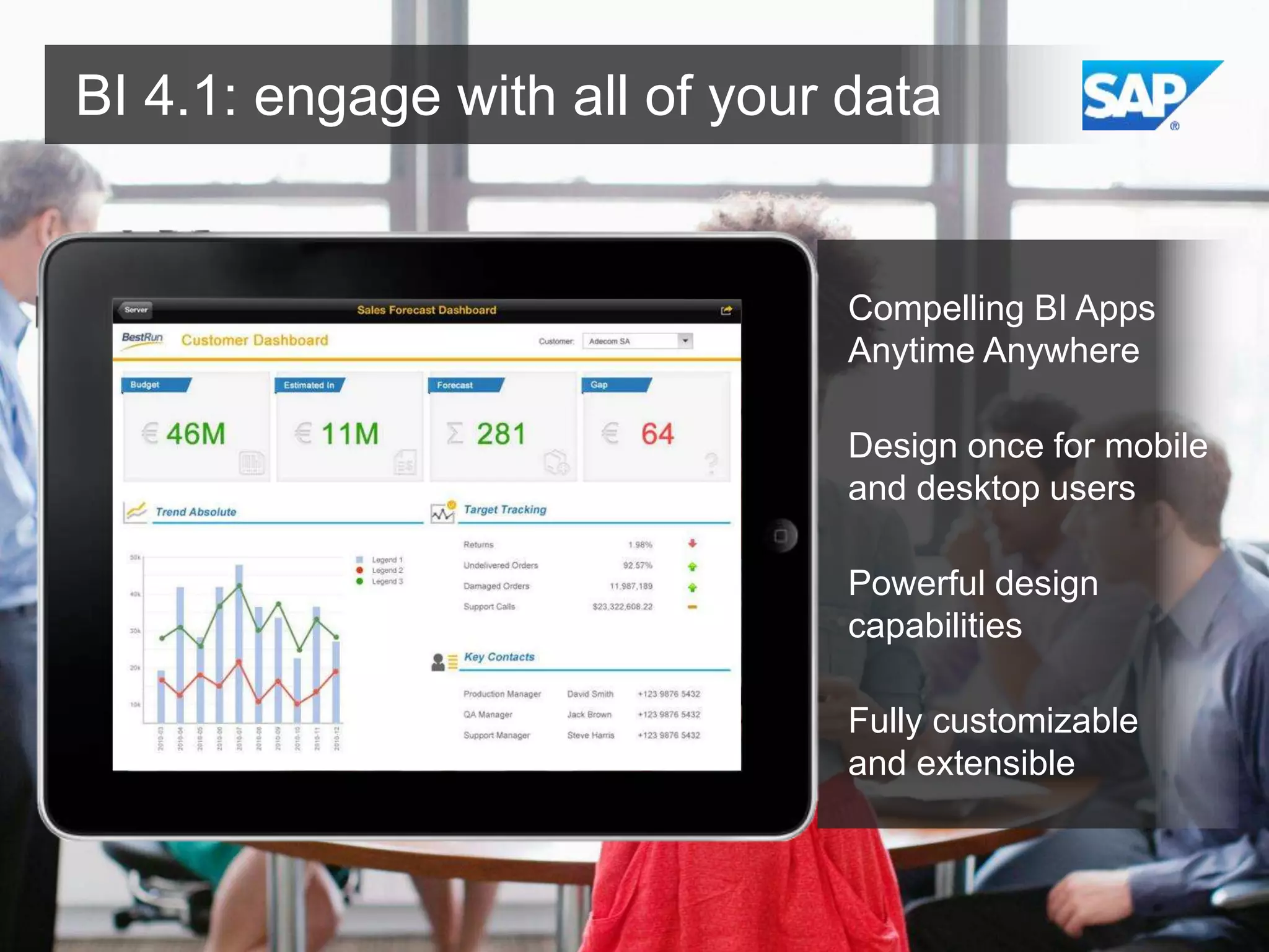 BI 4.1: engage with all of your data

Compelling BI Apps
Anytime Anywhere
Design once for mobile
and desktop users
Powerful design
capabilities

Fully customizable
and extensible

 
